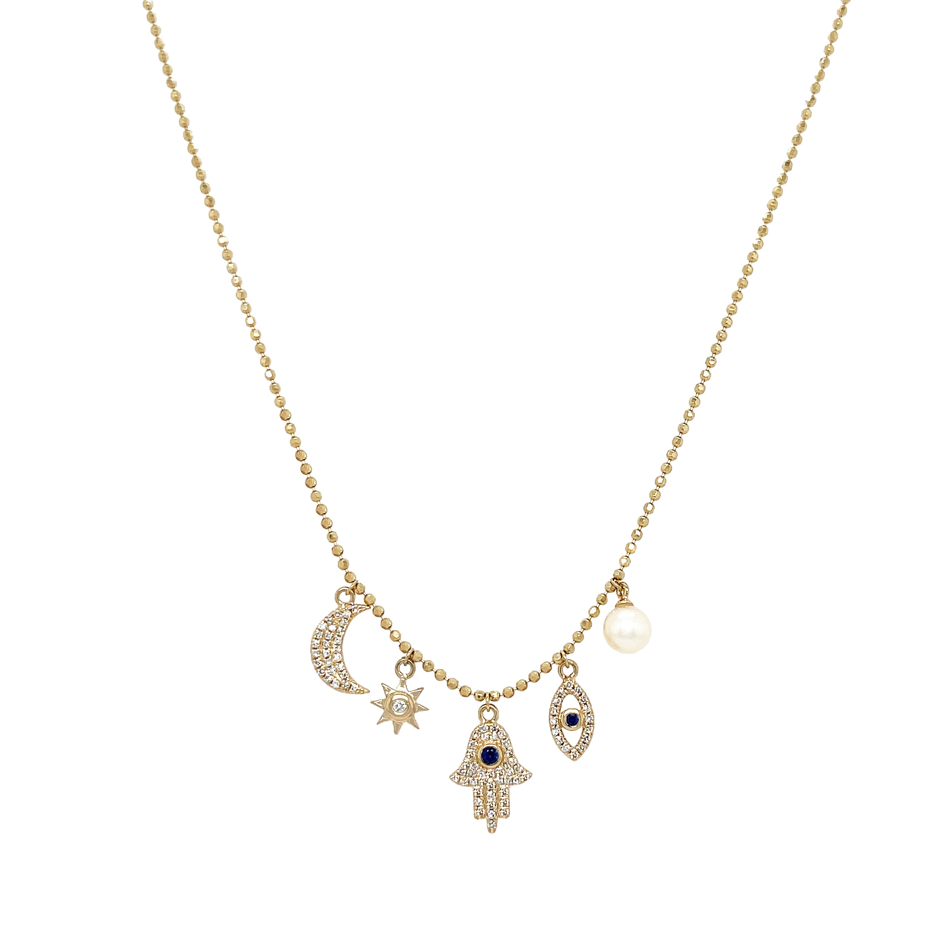 Diamond Multi Charm Necklace  14K Yellow Gold 16-18" Adjustable Length Moon: 0.44" Long X 0.24" Wide Sun: 0.30" Long X 0.22" Wide Hamsa: 0.52" Long X 0.33" Wide Eye: 0.40" Long X 0.18" Wide Pearl: 0.33" Long X 0.19" Wide