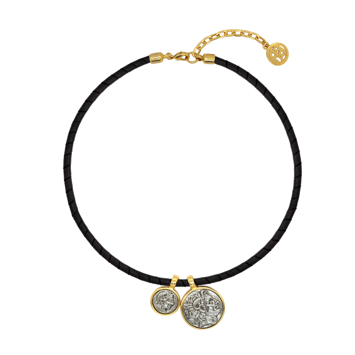 Two Coin Leather Cord Necklace

White &amp; Yellow Gold Plated
Big Coin: 1.35" Long x 1.06" Wide
Small Coin: 1.02" Long x 0.71" Wide

15-17" Adjustable Length
Leather Cord