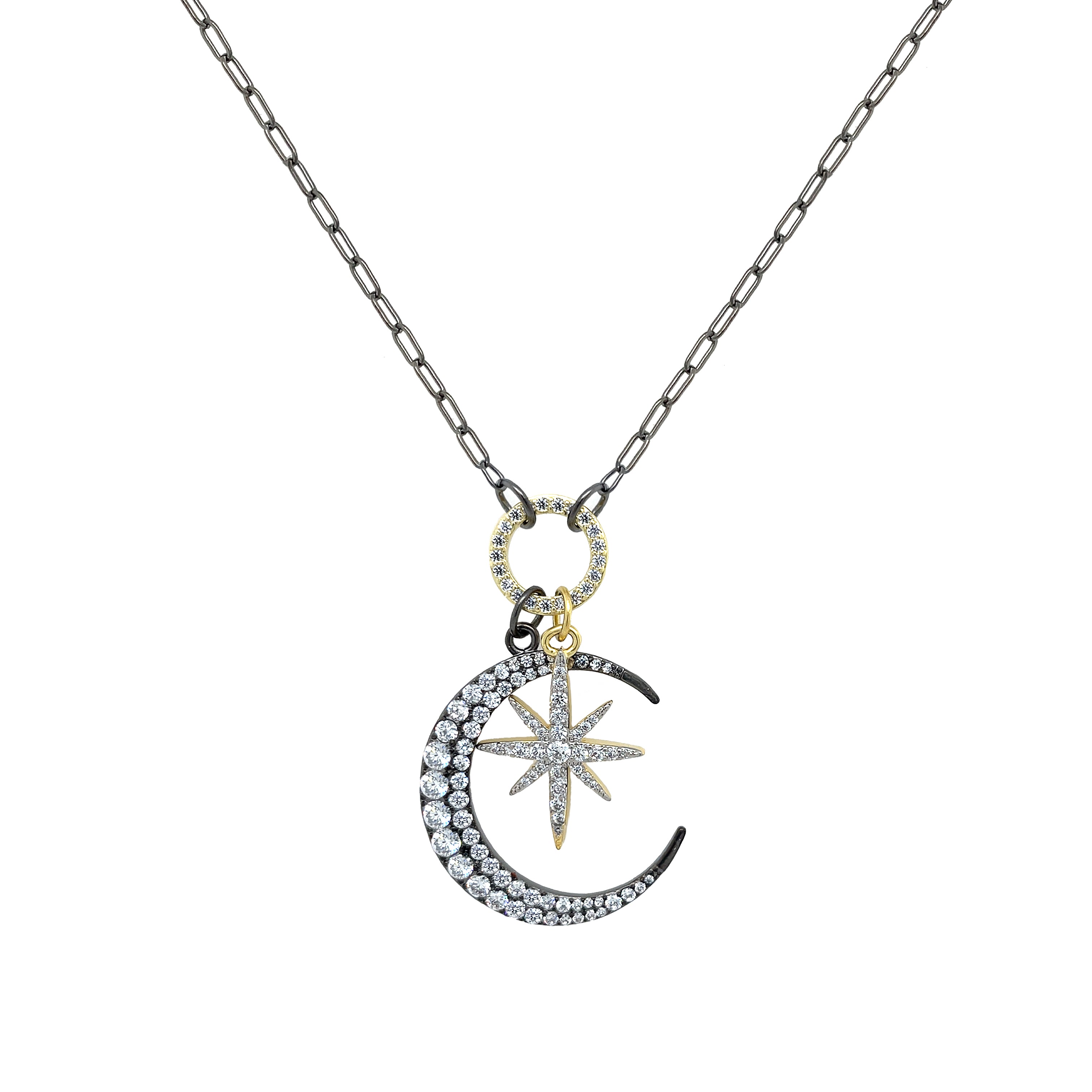 Necklace with a moon and star pendant on a white background