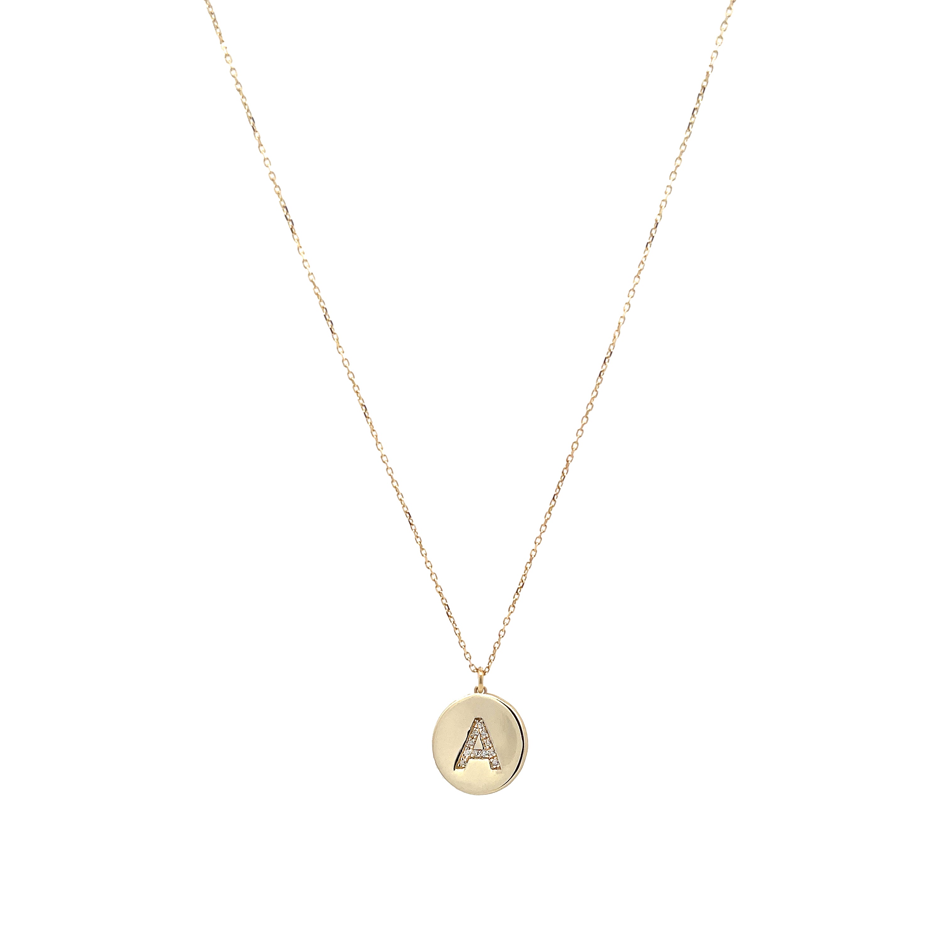 Diamond Initial Disc Necklace  14K Yellow Gold Disc: 0.44" Wide 16-18" Adjustable Length