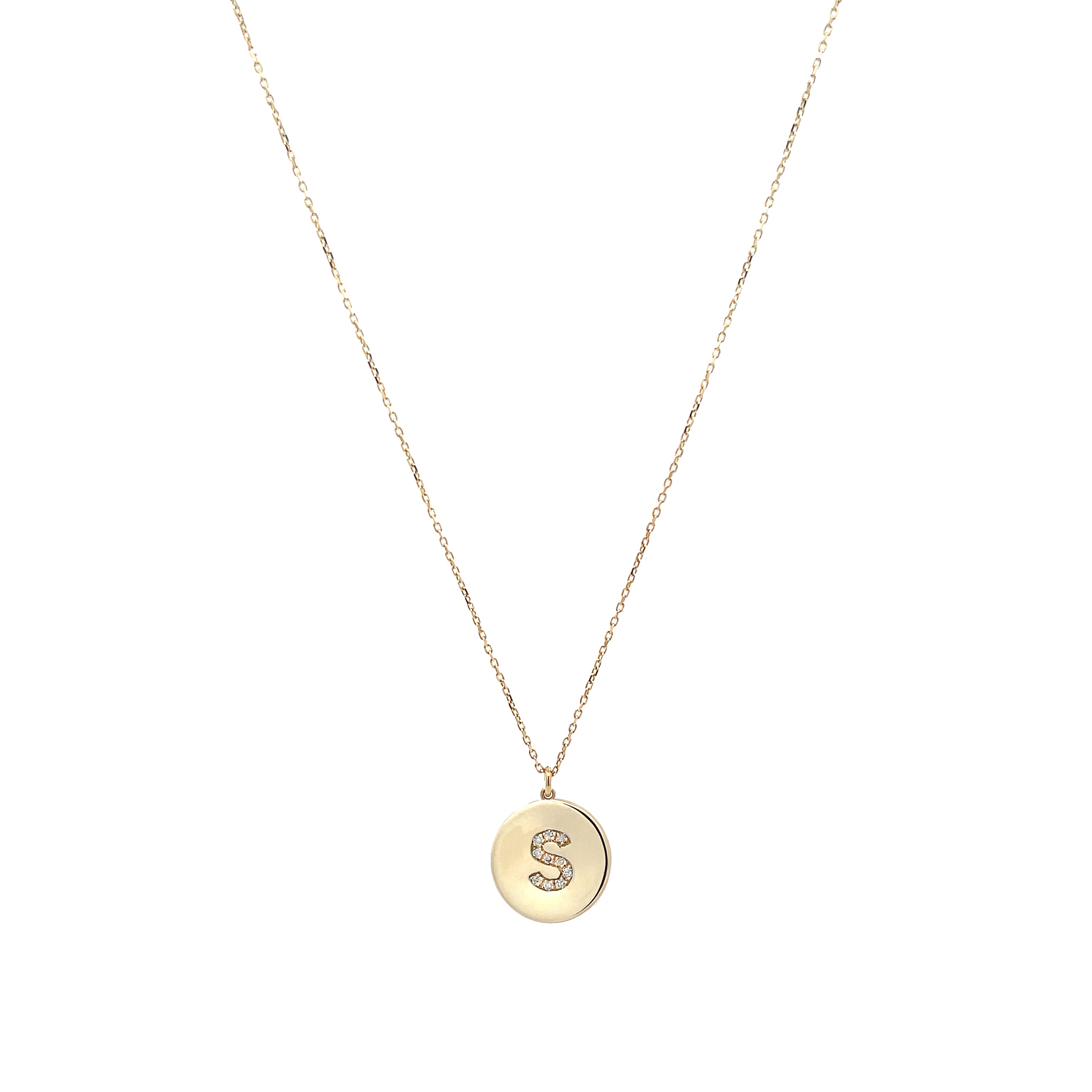 Diamond Initial Disc Necklace  14K Yellow Gold Disc: 0.44" Wide 16-18" Adjustable Length