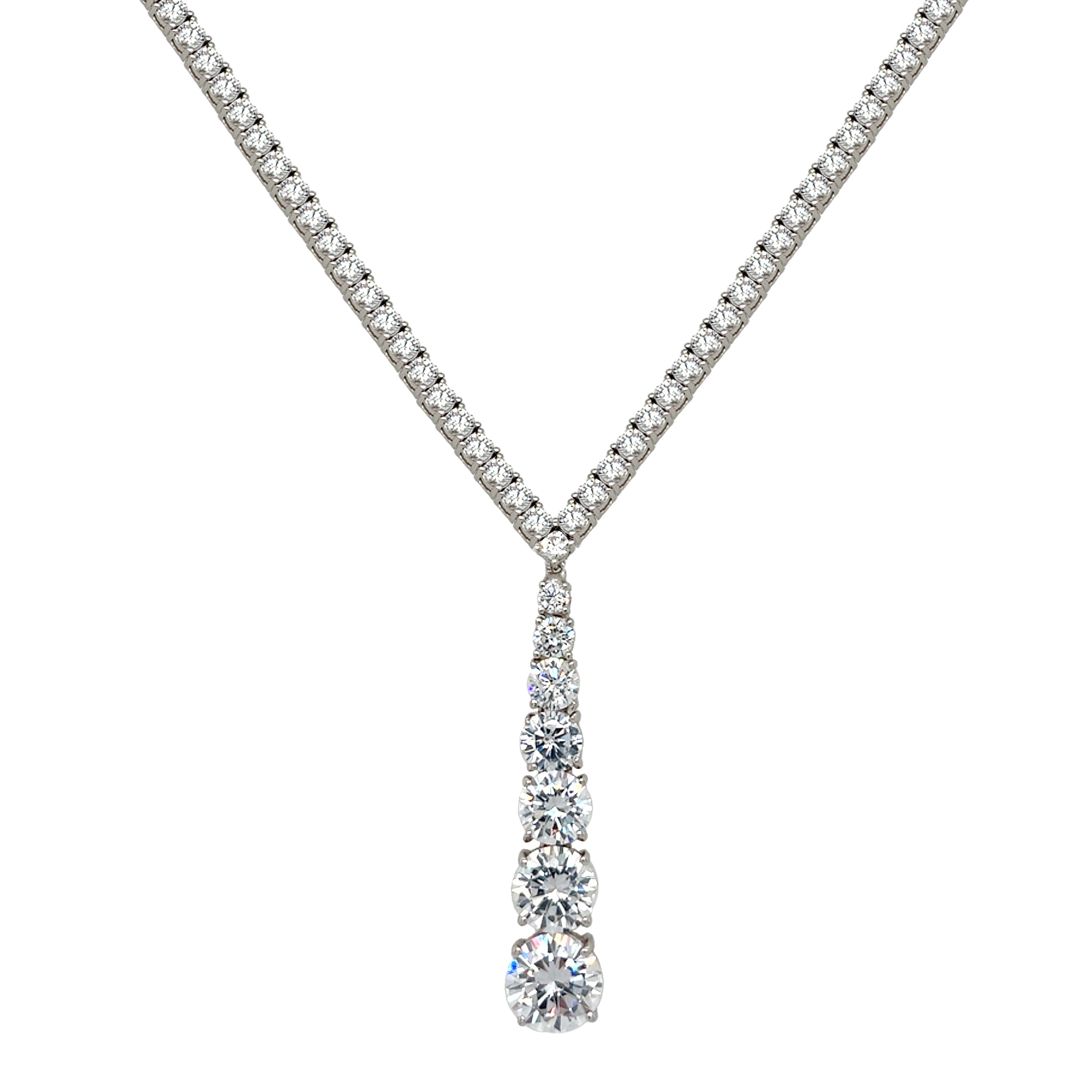 Tennis Lariat Necklace

White Gold Plated Over Silver
Cubic Zirconia
Drop: 1.84" Long X 0.35" Wide
16" Long