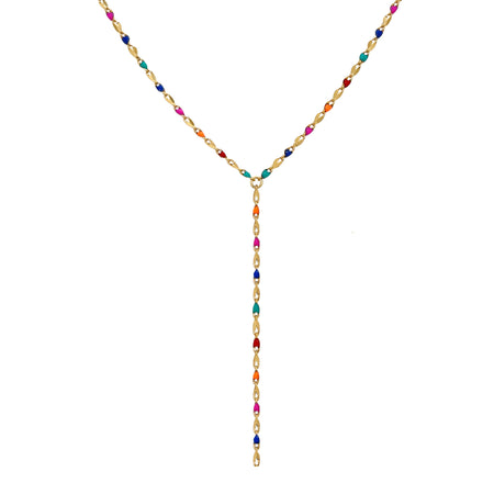 Multi Color Enamel Lariat Necklace  Yellow Gold plated 16.5" Length 11" Lariat Drop