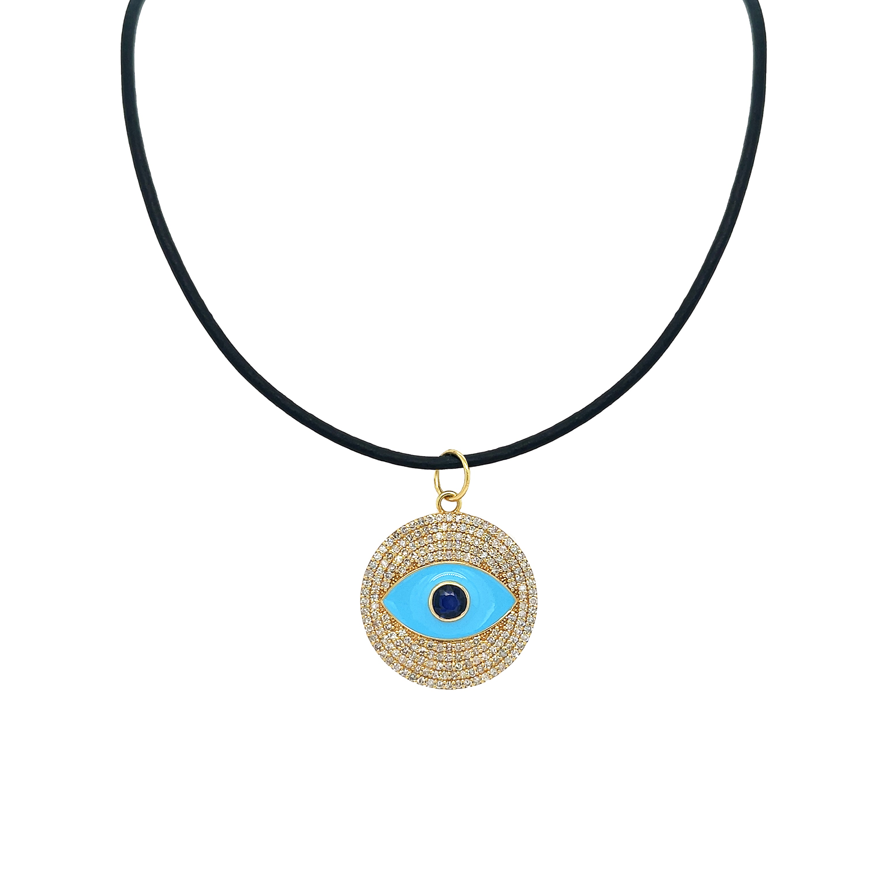 Necklace with a gold and blue evil eye pendant on a black cord against a white background