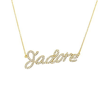 Pave CZ J'adore Script Chain Necklace  Yellow Gold Plated 0.68" Long X 2" Wide 15-16" Adjustable Length