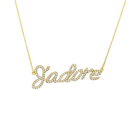 Pave CZ J'adore Script Chain Necklace  Yellow Gold Plated 0.68" Long X 2" Wide 15-16" Adjustable Length