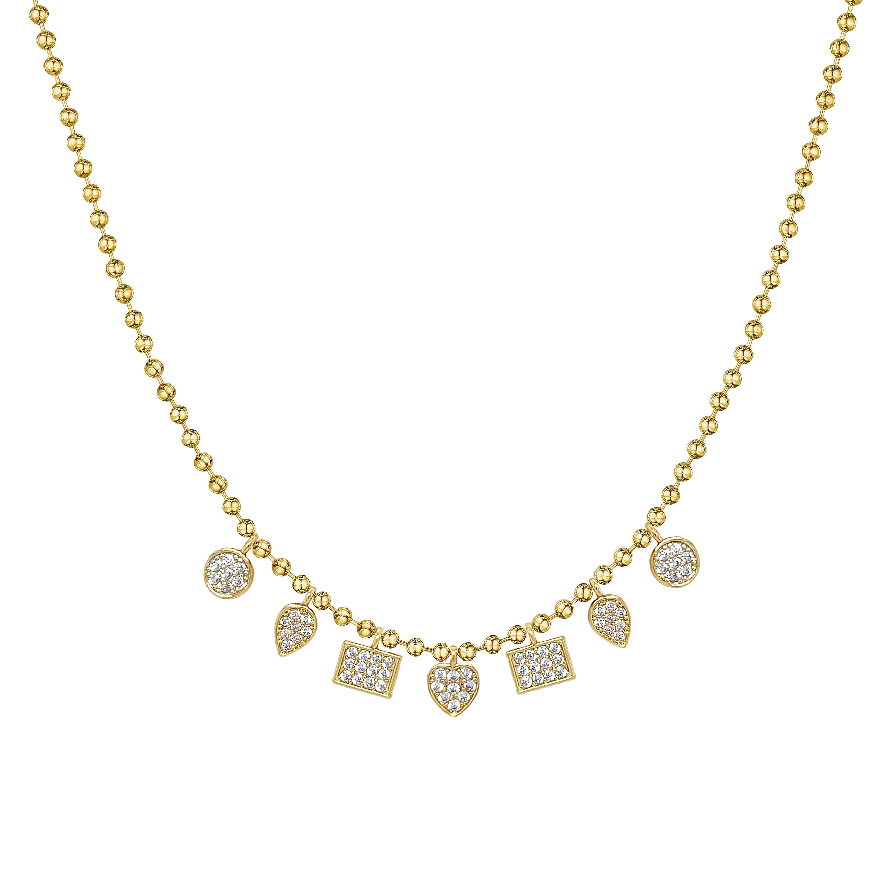 Pave Charm Ball Chain Necklace

14K Yellow Gold Plated
Adjustable- Can be worn 16.5-20.5"

6.5mm CZ Pave Disc Charms &nbsp;
8mm x 6mm CZ Pave Pear &amp; Square Charms&nbsp;
3.3 mm Ball Chain&nbsp;
12mm x 6mm Lobster Trigger Clasp