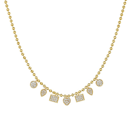 Pave Charm Ball Chain Necklace

14K Yellow Gold Plated
Adjustable- Can be worn 16.5-20.5"

6.5mm CZ Pave Disc Charms &nbsp;
8mm x 6mm CZ Pave Pear &amp; Square Charms&nbsp;
3.3 mm Ball Chain&nbsp;
12mm x 6mm Lobster Trigger Clasp