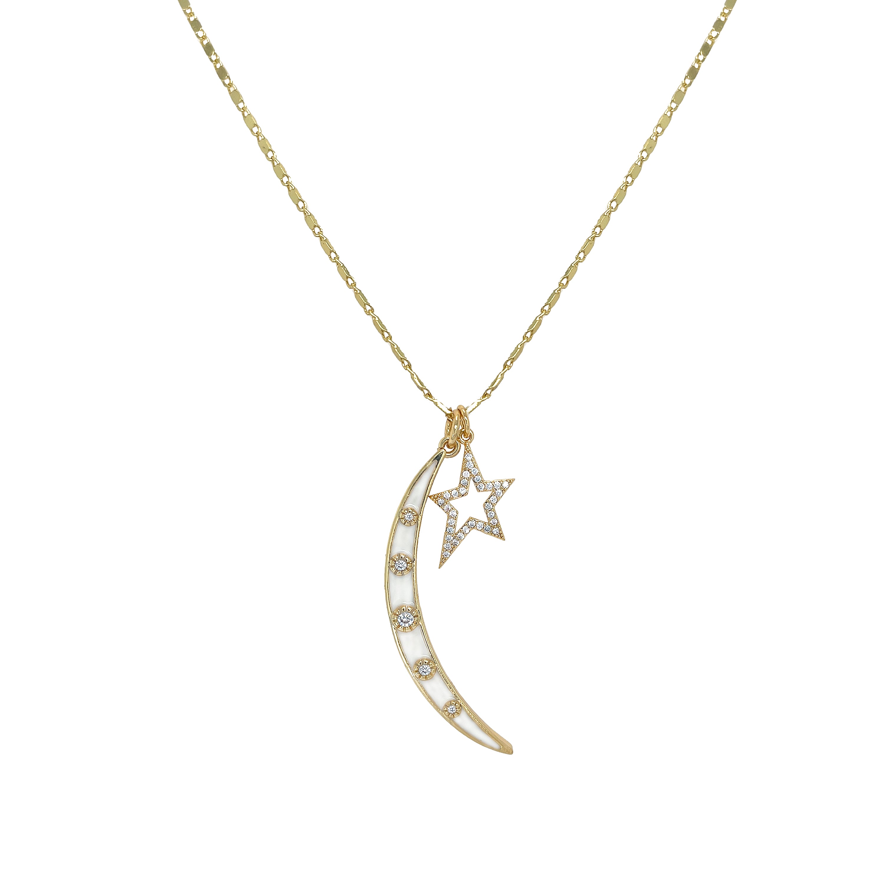 CZ Enamel Moon &amp; Star Charm Necklace

Yellow Gold Plated
Moon: 2" Long X 0.25" Wide
Star: 0.75" Long X 0.5" Wide
17-19" Adjustable Length

While supplies last. All Deals Of The Day sales are FINAL SALE.