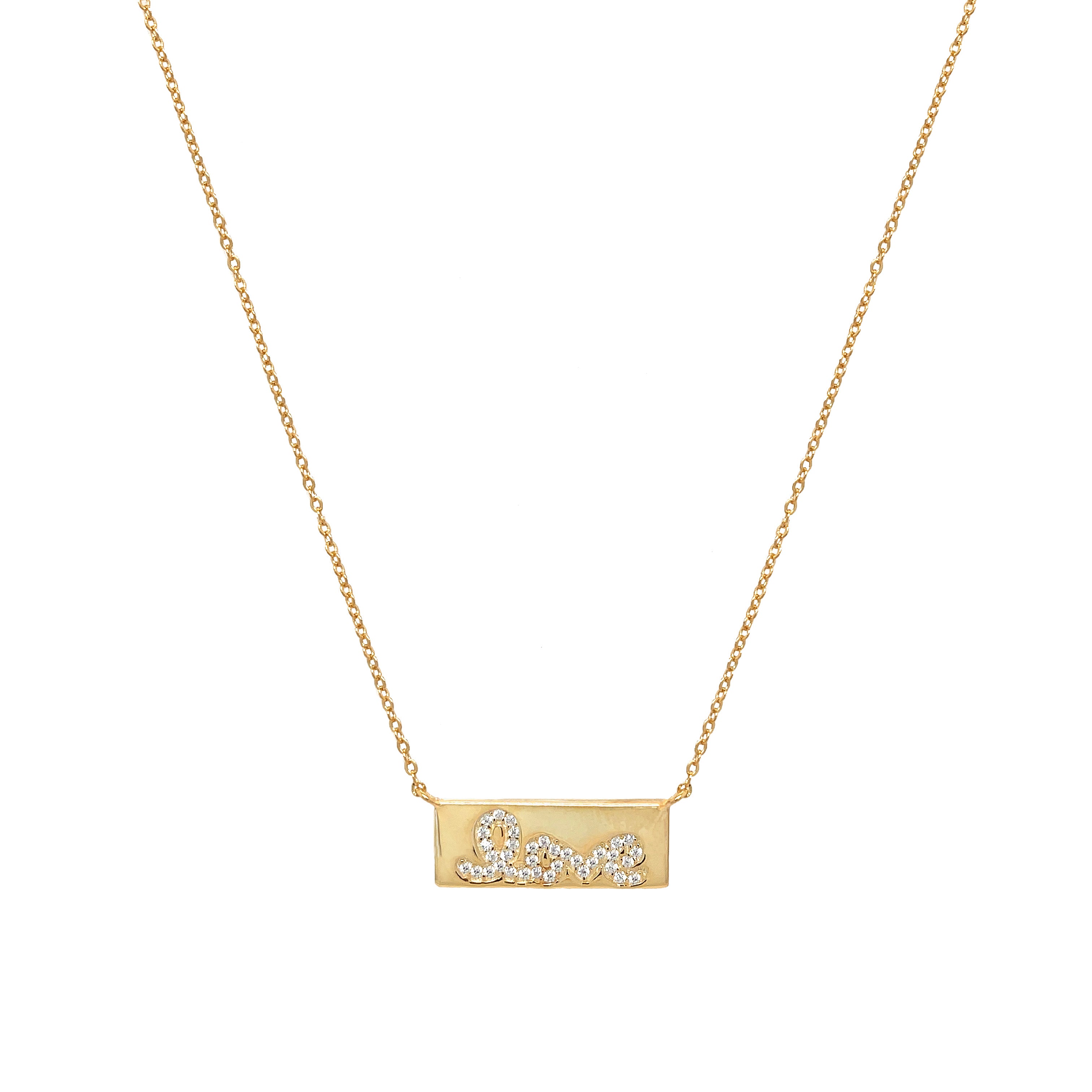 CZ Love Bar Chain Necklace   Yellow Gold Plated Over Silver 0.32" Long X 0.86" Wide