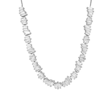 CZ Baguette Station Choker Necklace  White Gold Plated Over Silver 0.32" Wide Adjustable Length