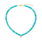 Teardrop Charm Blue Bead Necklace&nbsp;

Yellow Gold Plated
Cubic Zirconia

16-18" Adjustable Length
Charm: 0.4" Long X 0.03" Wide