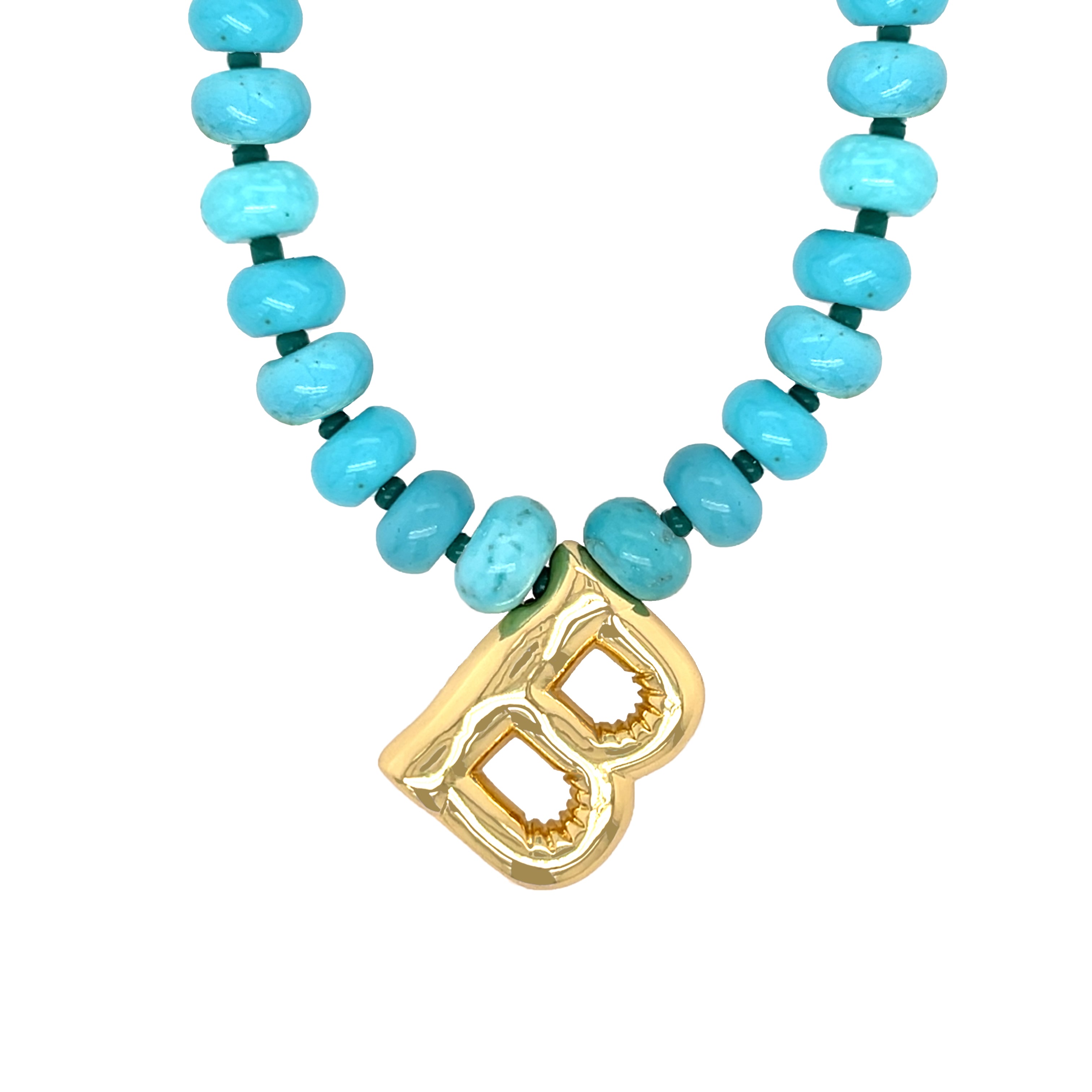 Necklace with turquoise beads and a gold 'BB' pendant on a white background