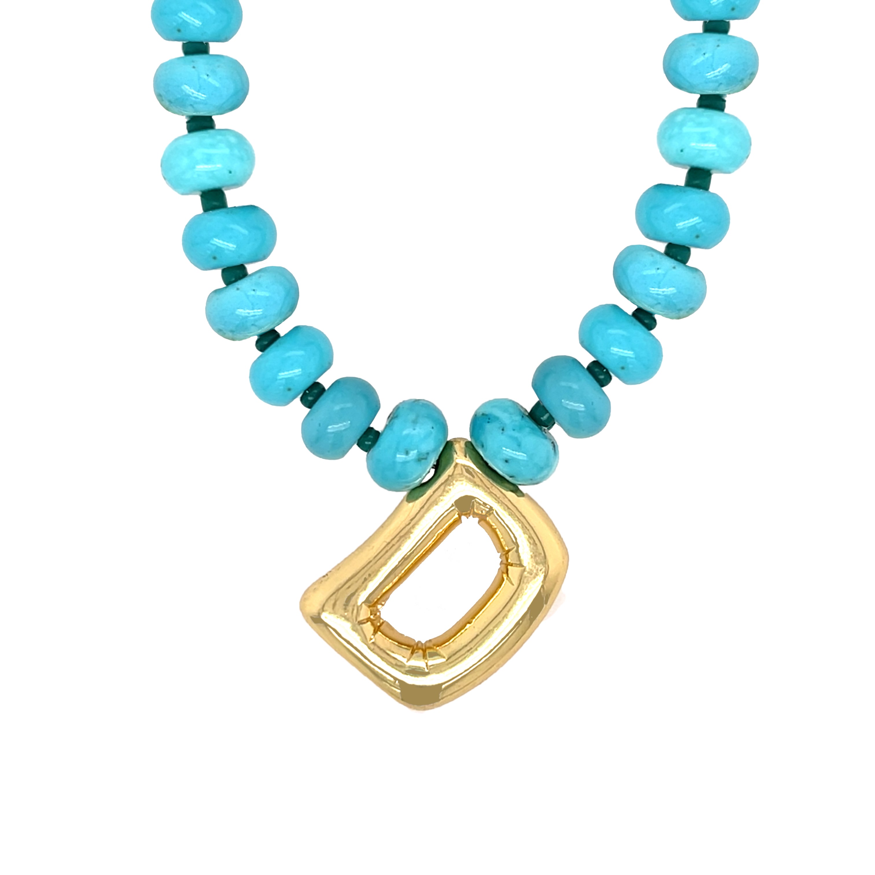Turquoise beaded necklace with a gold clasp on a white background