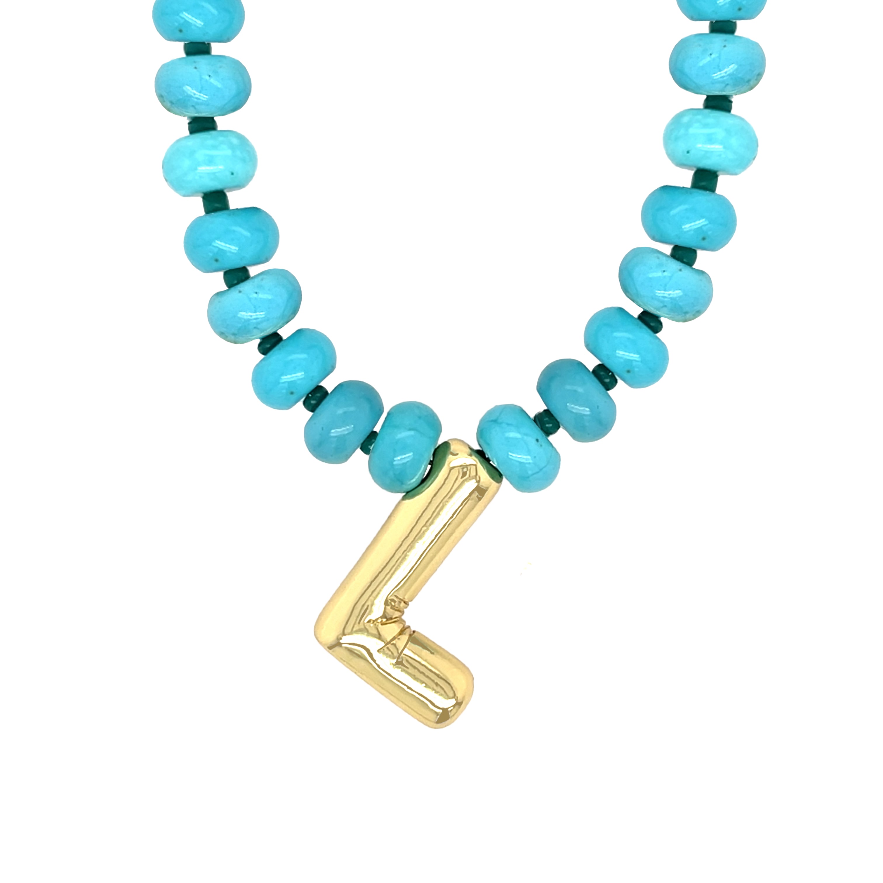 Turquoise beaded necklace with a gold clasp on a white background