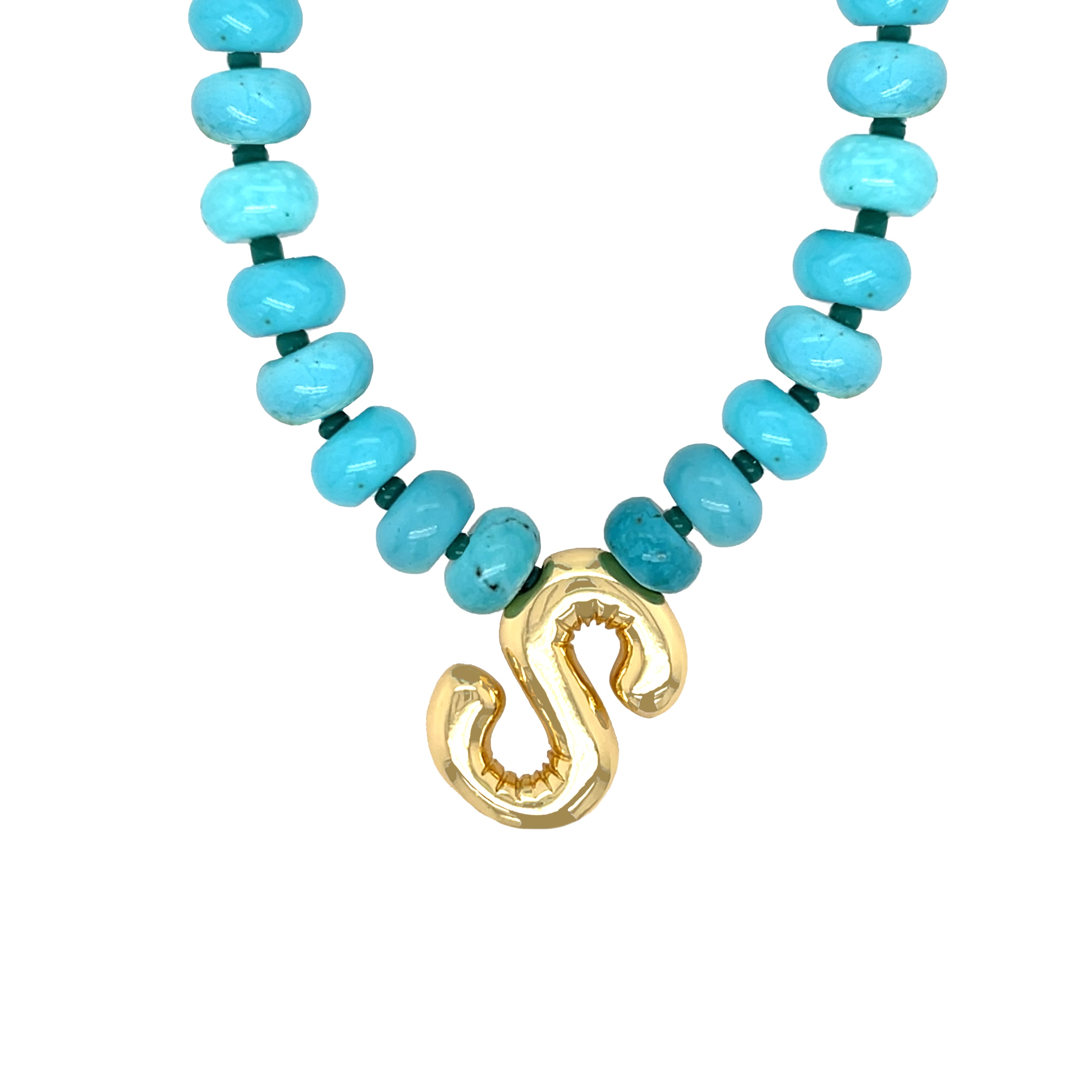 Necklace with turquoise beads and a gold snake-shaped clasp on a white background