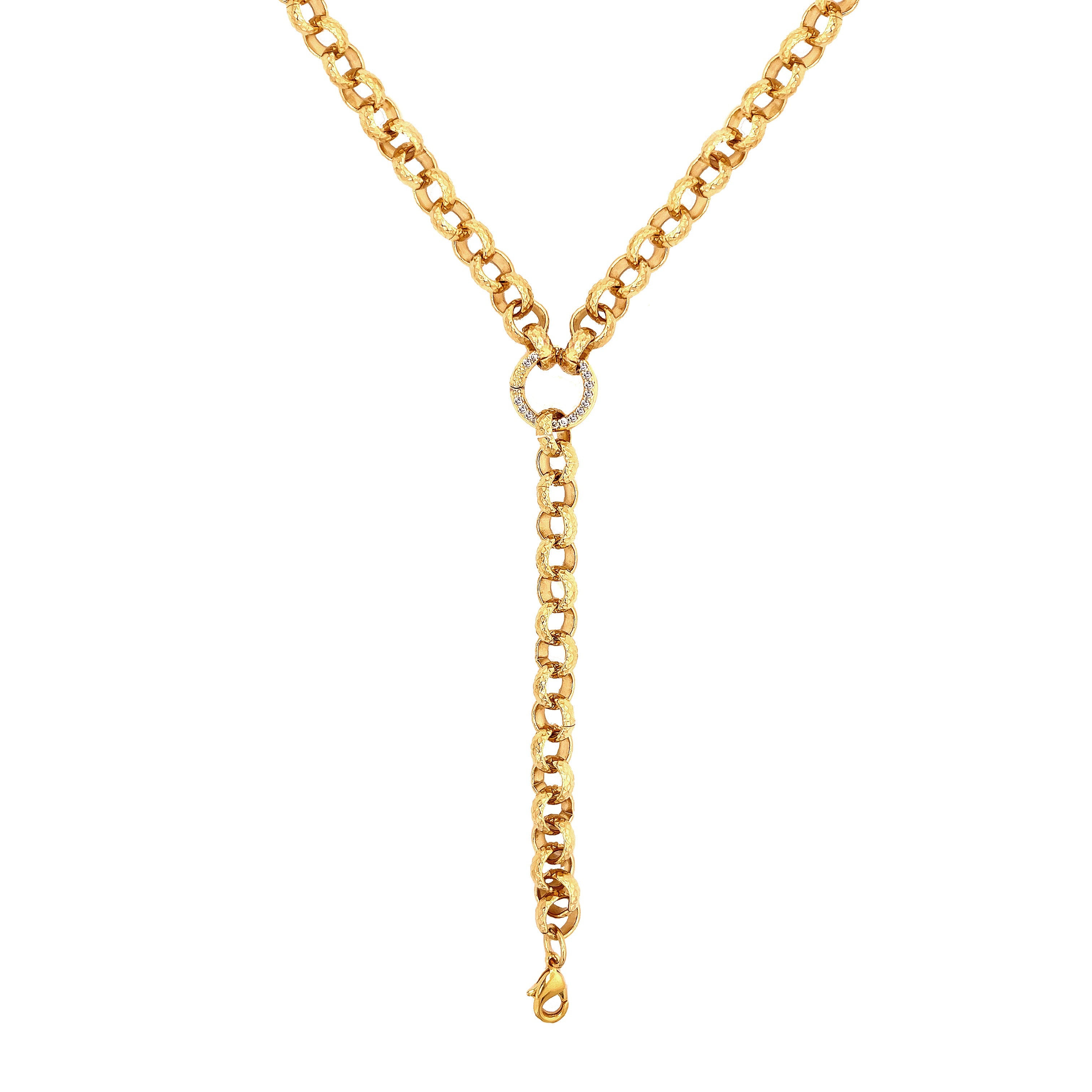 CZ Rolo Link Chain Lariat  Yellow Gold Plated Middle Connector: 0.58" Wide Links: 0.32" Wide 4.5" Lariat Drop 20" Length