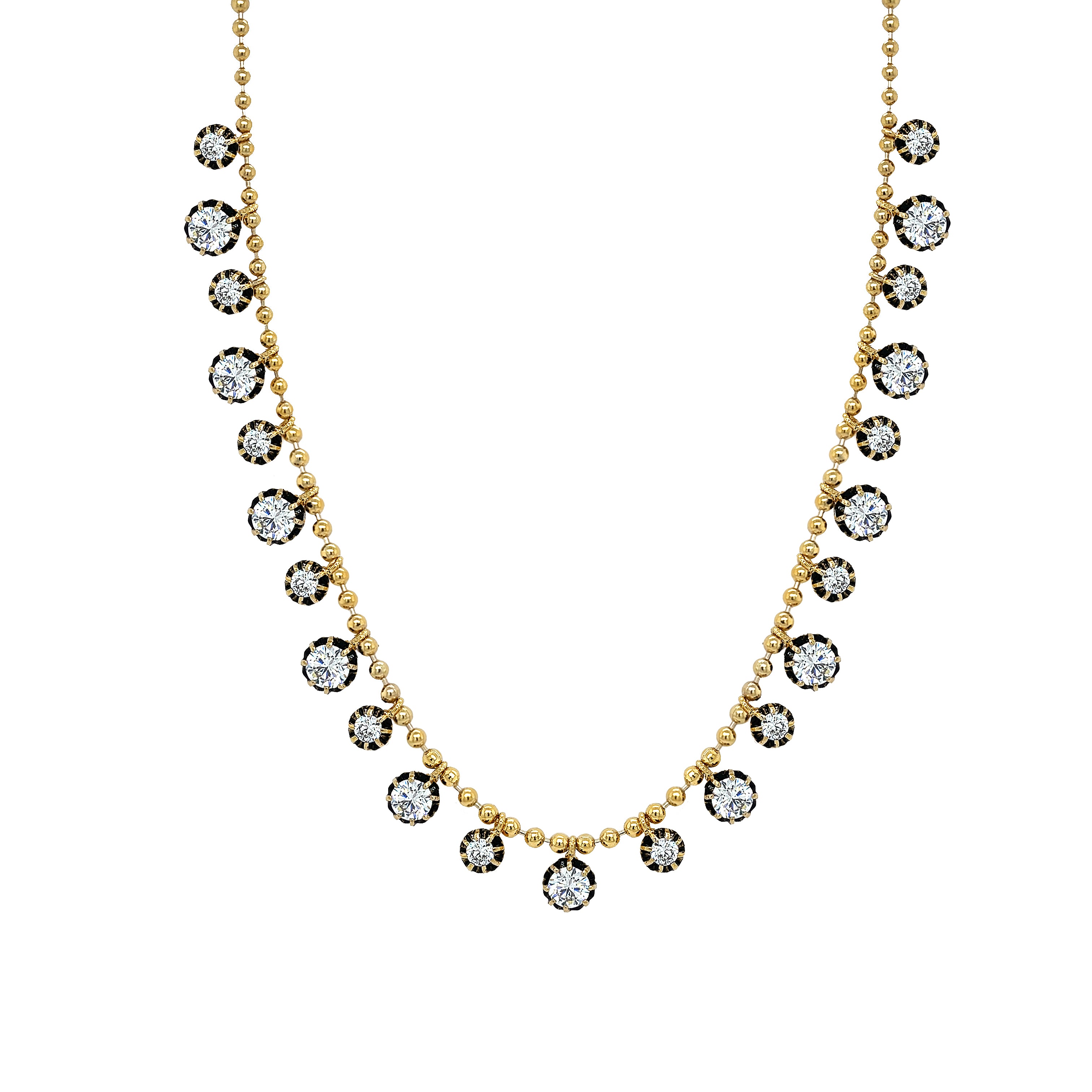 CZ Stone Drop Bead Chain Necklace

This Drop Stone Necklace features an organic shape that adds a unique touch to your jewelry collection. Its distinctive design offers a subtle yet striking sparkle, making it a refined statement piece for everyday elegance.

Yellow Gold &amp; Oxidized Plating Over Silver
CZ Stones: 4 &amp; 6MM
17-19" Adjustable Length