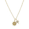 <p>CZ Sun &amp; Starburst Charm Necklace</p> <ul> <li>Yellow Gold Plated</li> <li>18-20" Length<br></li> <li>Starburst: 0.71" Long X 0.50" Wide</li> <li>Sun Disc: 0.71" Wide</li> </ul> <p><span style="color: #ff2a00;"><em>While supplies last. All Deals Of The Day sales are FINAL SALE.</em></span></p>