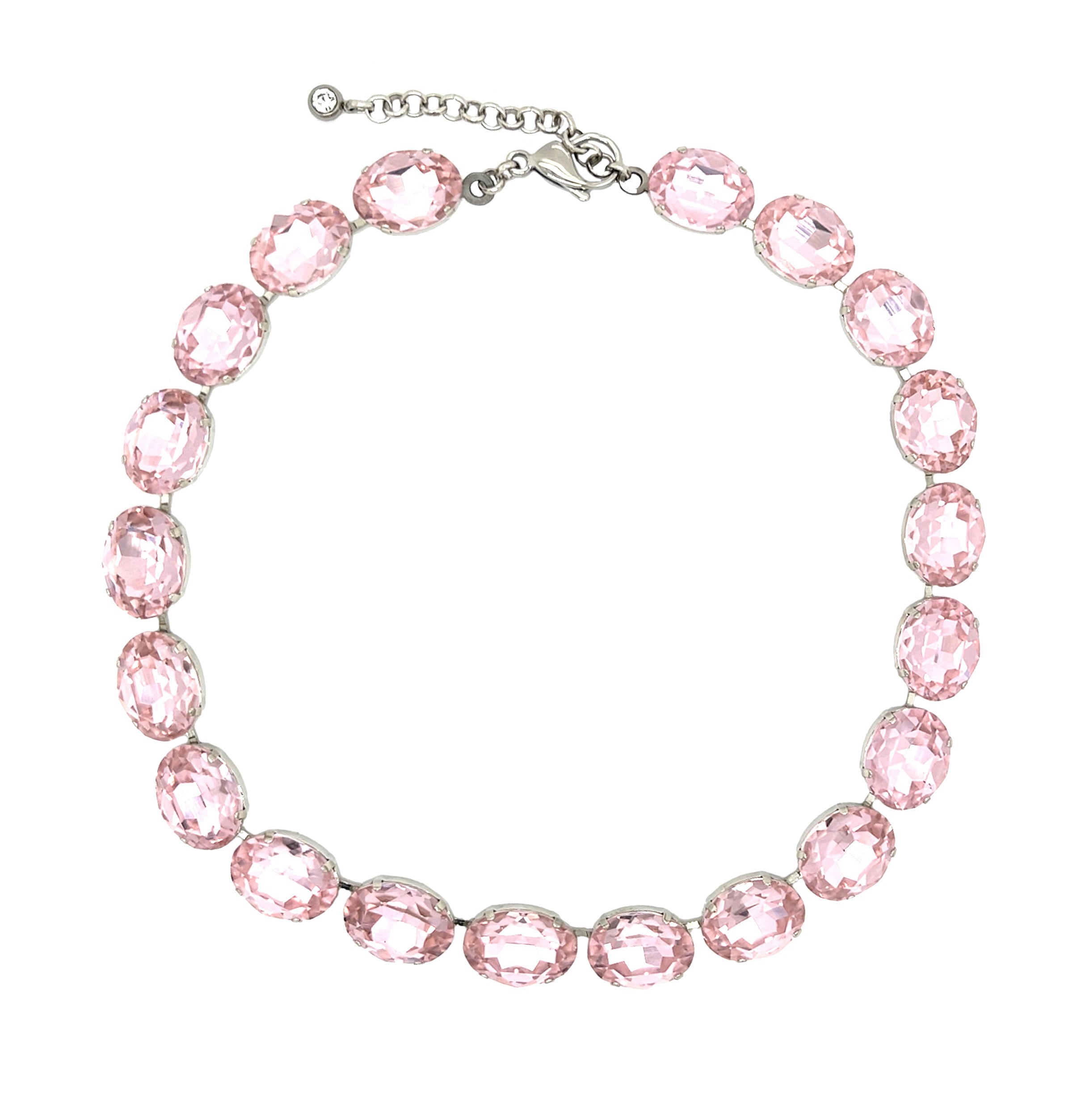 Pink Crystal Necklace

White Gold Plated
052" Thick
16-18" Adjustable Length