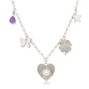 Amethyst Stone, Butterfly, CZ Clover, Heart, & Star Charm Necklace  Available in 14K Yellow or White Gold Plating Chain: 16-20" Length Large charm: 0.75" Diameter Small charm: 0.30-0.50" Diameter Pave-set with high intensity CZs