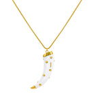 White Enamel Horn Necklace

Yellow Gold Plated
Horn 2.60" Length X 0.80" Width
28" Long