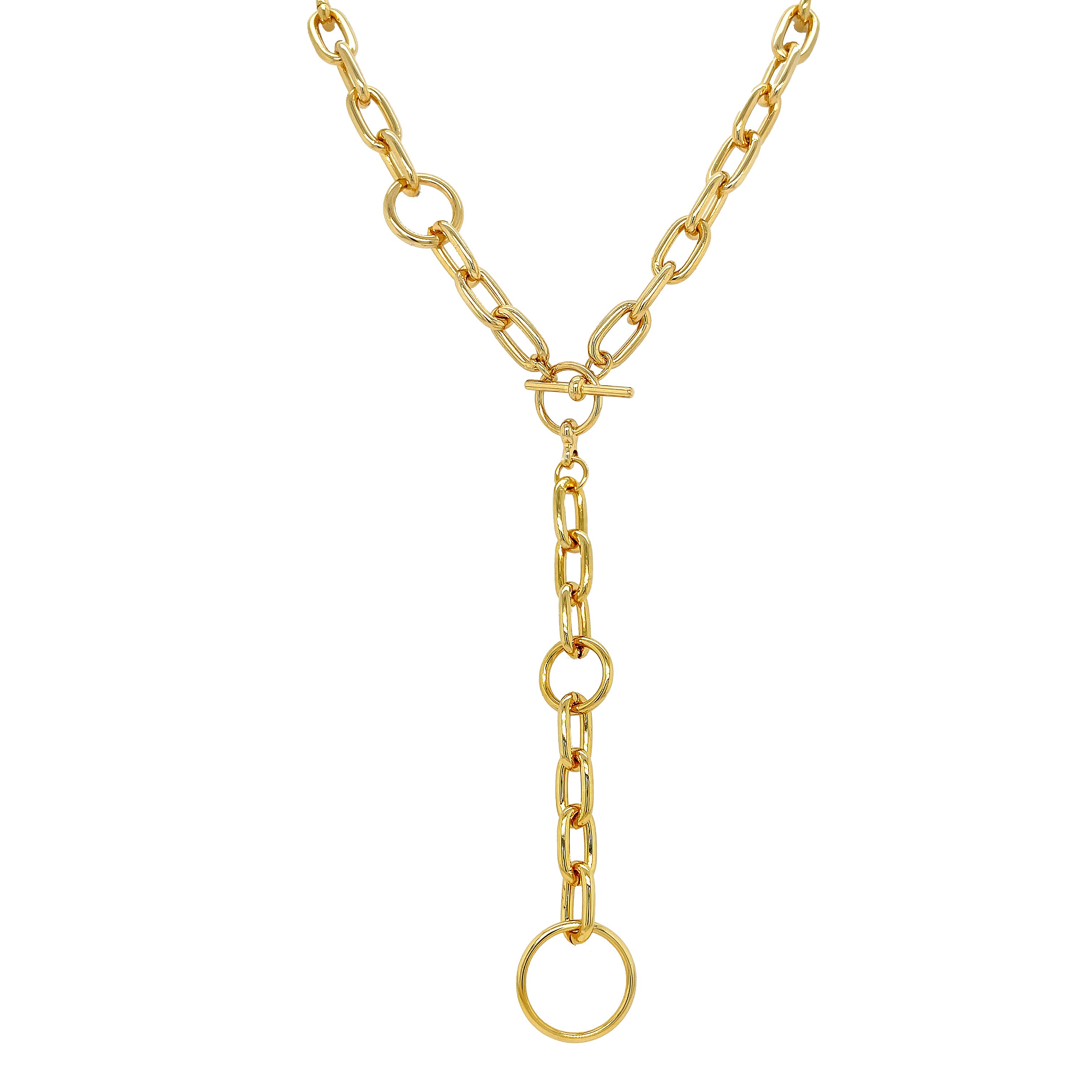 Link Toggle Lariat Necklace

Elevate your jewelry collection with this modern gold link toggle necklace, designed to make a bold yet versatile statement. This necklace features a chic Y-shaped silhouette accented by a toggle clasp closure and an oversized circular pendant drop. Its sleek design makes it perfect for layering with other chains or wearing solo for a polished, fashion-forward look.

Yellow Gold Plated
4" Drop
17" Long