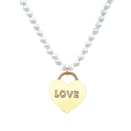 Pave CZ LOVE Heart Pearl Strand Necklace   Yellow Gold Plated 1.54" Length X 1.40" Width 30" Length 