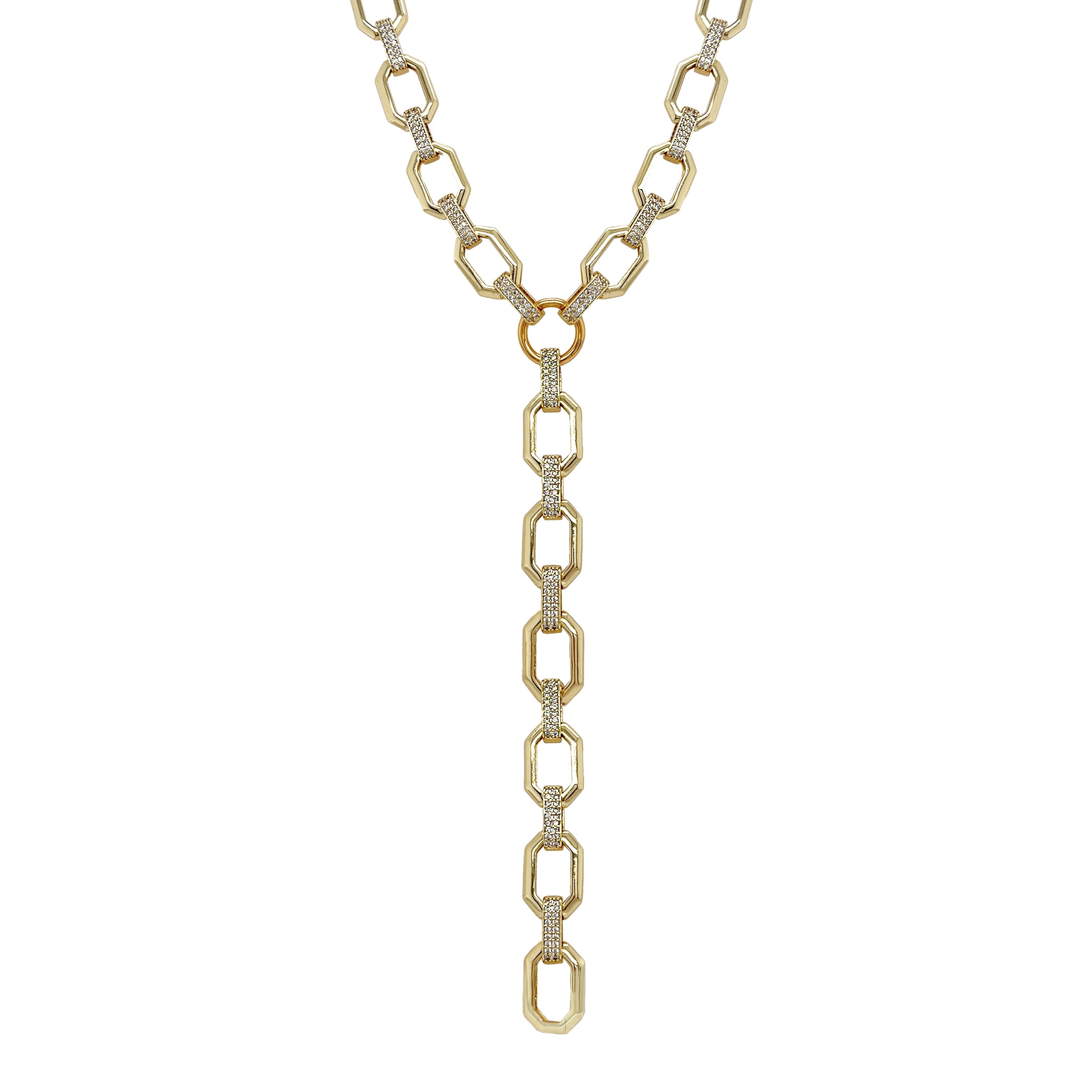 Hex-Shaped Link Lariat Chain Necklace

A modern lariat necklace in yellow gold plating with sleek hex-shaped links and subtle cubic zirconia sparkle. The delicate Y-drop adds length and movement, making it perfect for both minimal styling and statement layering. Wear it solo for a refined, elongated look or pair it with your favorite chains for effortless dimension.

Yellow Gold Plated
Chain: 17" Length
Drop: 0,5" Long
Link: 0.42" Long&nbsp;

Cubic Zirconia