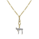 Gold necklace with a cubic zirconia chai pendant on a white background