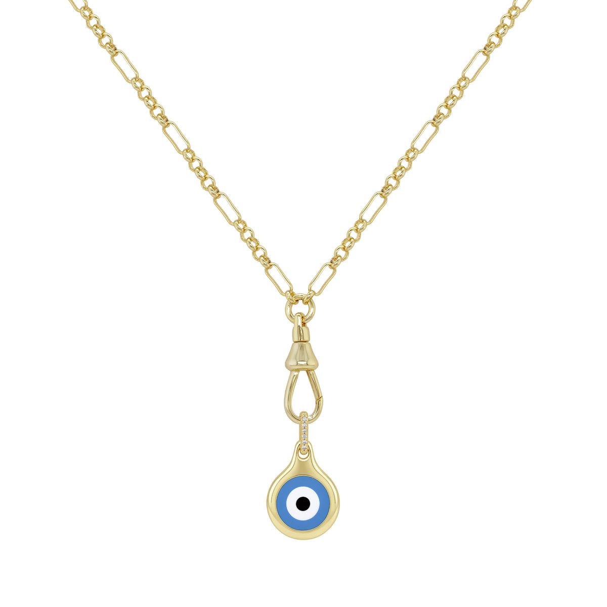 Evil Turquoise Eye Fob Clasp Link Chain Necklace

A striking turquoise evil eye pendant adds a touch of color and protection to this gold link chain necklace. Finished with a statement fob clasp, it's a playful piece to wear solo or layered with your favorite chains. Perfect for those seeking both style and symbolic meaning.

Yellow Gold Plated
Cubic Zirconia
Evil Eye Pendant: 1.04" X 0.58"
16-18" Adjustable Length