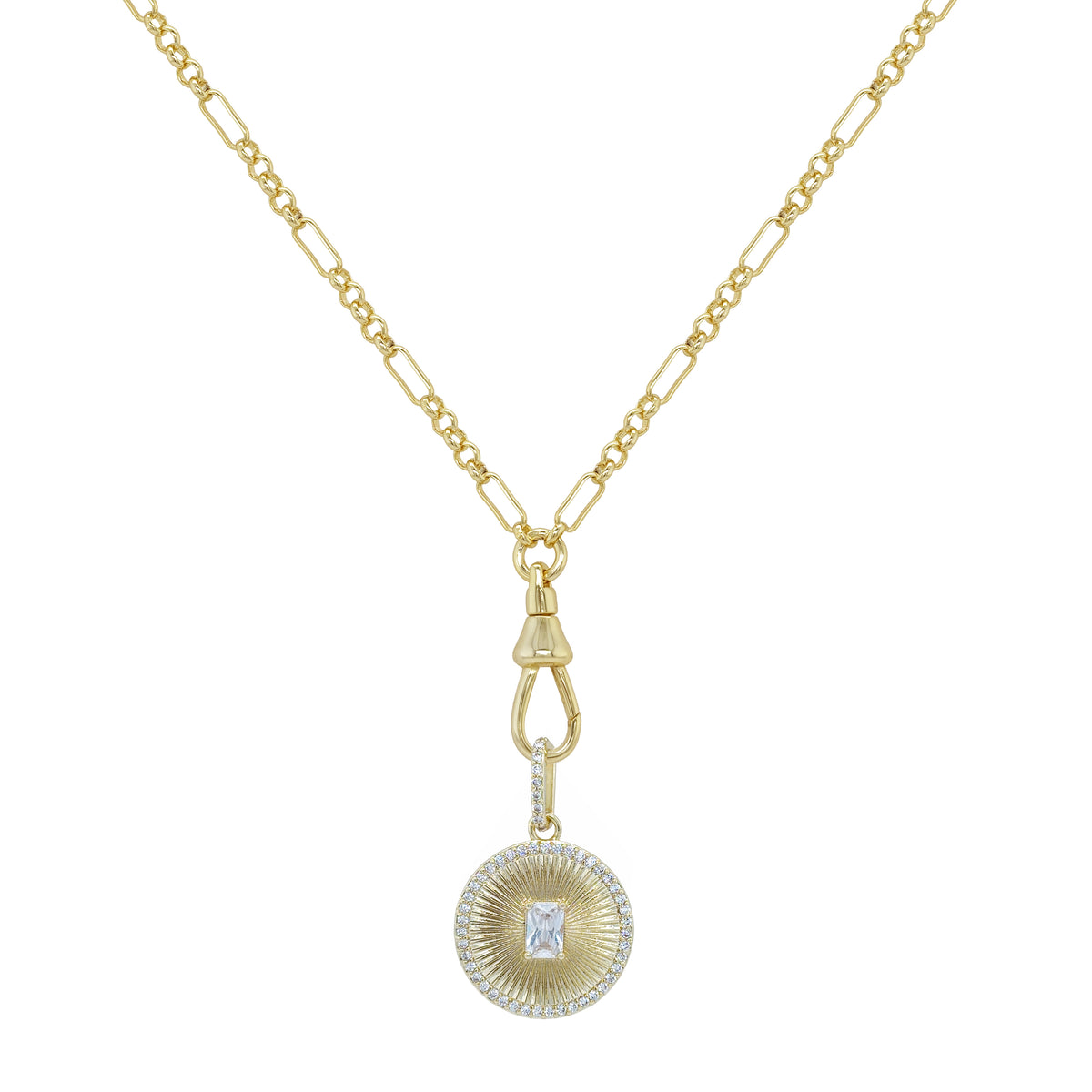 Fluted Disk Fob Clasp Chain Necklace

Yellow Gold Plated
Cubic Zirconia
Charm: 1.22" X 0.78"
16-18" Adjustable Length