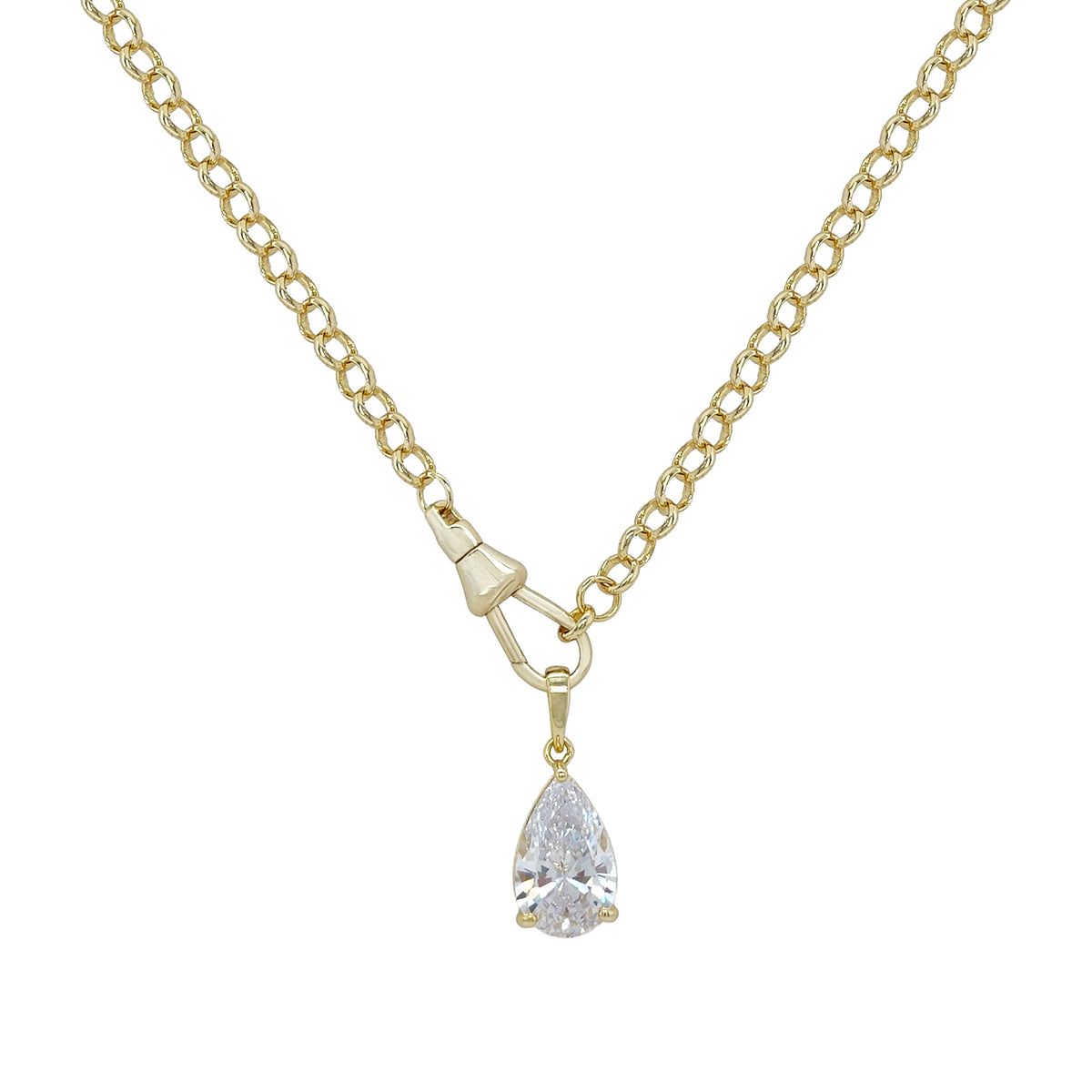 Pear Drop Fob Clasp Chain Necklace

Yellow Gold Plated
Cubic Zirconia
Removable Charm: 1.05" Long X 0.40" Wide