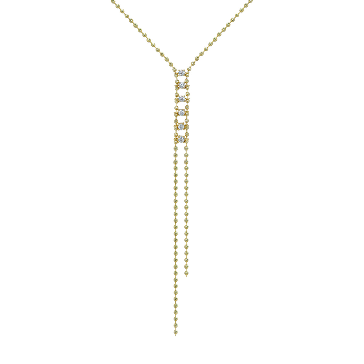 Six Crystals &amp; Ball Strand Lariat Necklace

Yellow Gold Plated Over Silver
Cubic Zirconia
15-19" Length
5" Drop