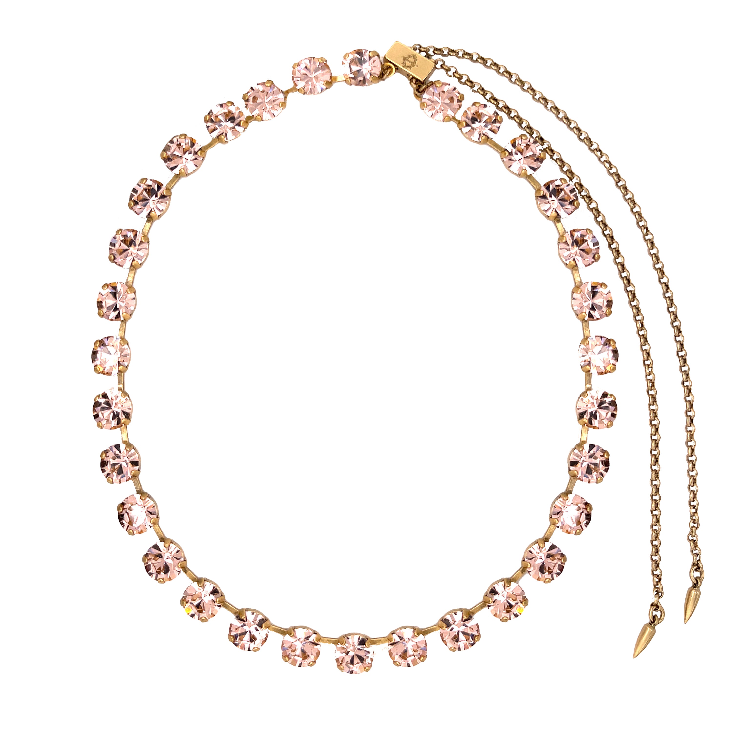 Pale&nbsp;Pink&nbsp;Crystal Stone Slider Adjustable Necklace

18K Antiqued Gold Finish
Stone: 8- 8.5 MM Each
Prong Set Crystals
26" Long, 15" at the shortest length