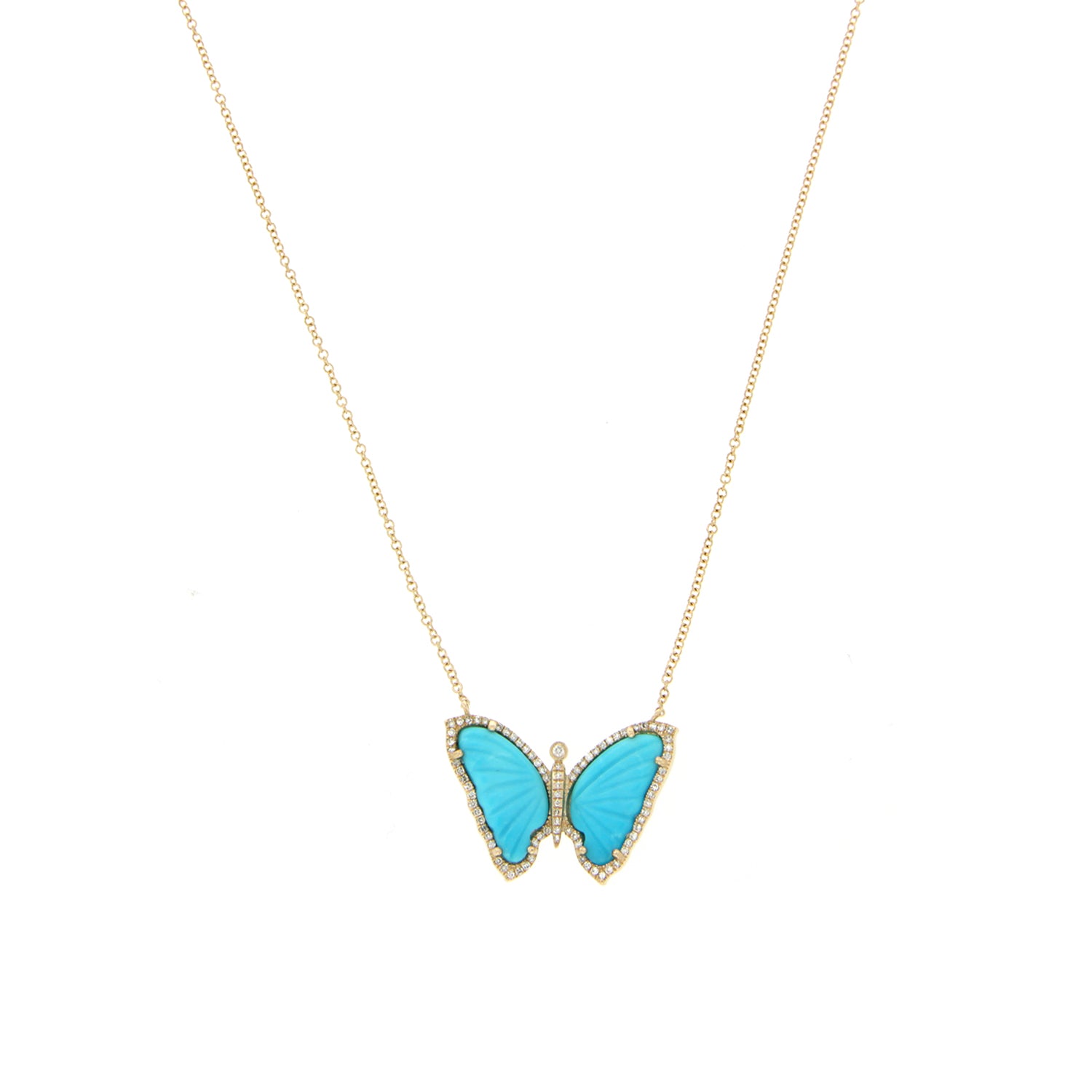 Turquoise butterfly pendant on a gold chain against a white background

Turquoise &amp; Pave Diamond Butterfly Chain Necklace

14K Yellow Gold
3.26 Turquoise Carat Weight
0.21 Diamond Carat Weight
16-18" Long