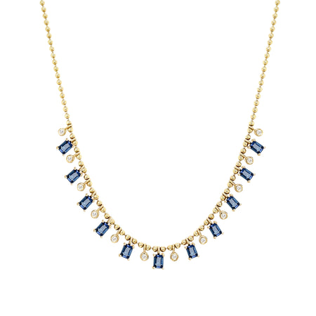 Diamond & Blue Sapphire Dangle Ball Chain Necklace  14K Yellow Gold 0.23 Diamond Carat Weight 3.49 Sapphire Carat Weight Diamond: 0.21" Long X 0.10" Wide Blue Sapphire: 0.27" Long X 0.14" Wide 16-18 Adjustable Length