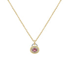 Gold necklace with a pink gemstone pendant on a white background