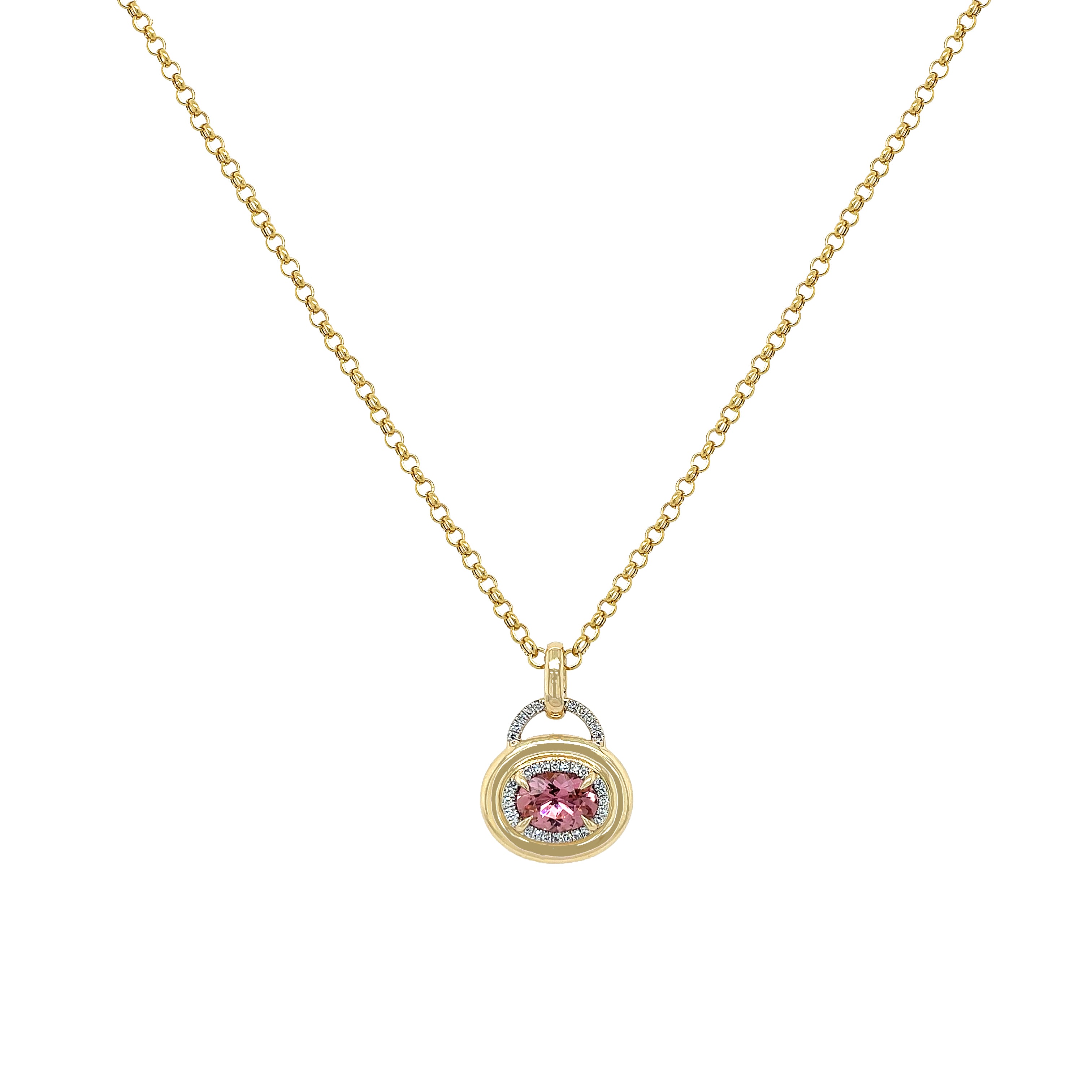 Gold necklace with a pink gemstone pendant on a white background