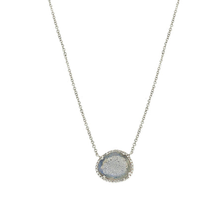 Pave Diamond & Labradorite Slice Pendant Necklace  14K White Gold 0.08 Diamond Carat Weight 2.29 Labradorite Carat Weight Chain: 15-17" Long Labradorite Pendant:  0.5'' Long X 0.41" Wide