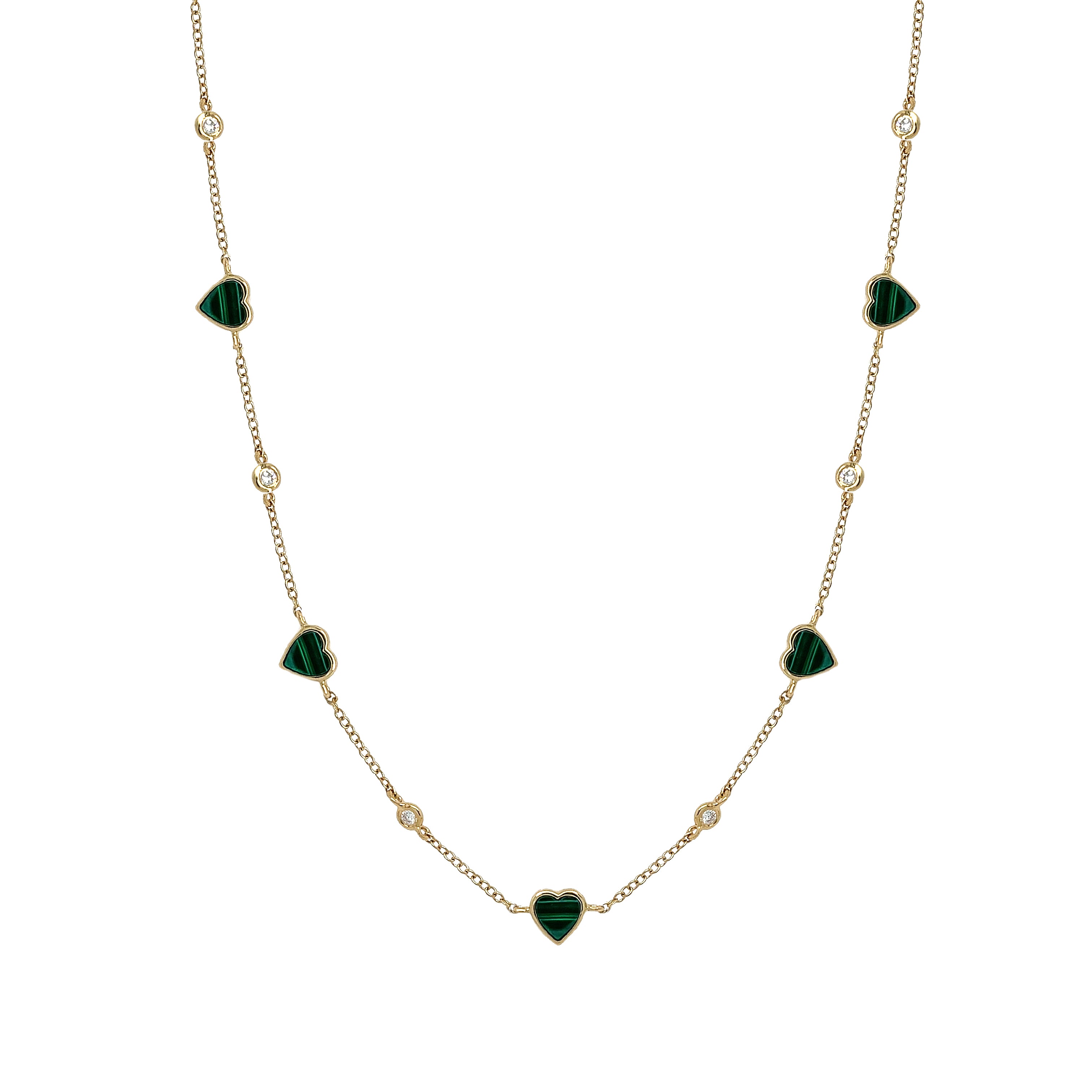 Diamond Bezel &amp; Malachite Multi Heart Necklace

Add some sparkle to your life with our Diamond &amp; Malachite Heart Necklace. Featuring heart-shaped malachite with bezel-set diamonds, this necklace is perfect for adding a touch of elegance to any outfit.

14K Yellow Gold
0.12 Diamond Carat Weight
0.79 Malachite Carat Weight
Hearts: 0.20" Wide
15-17" Adjustable Length