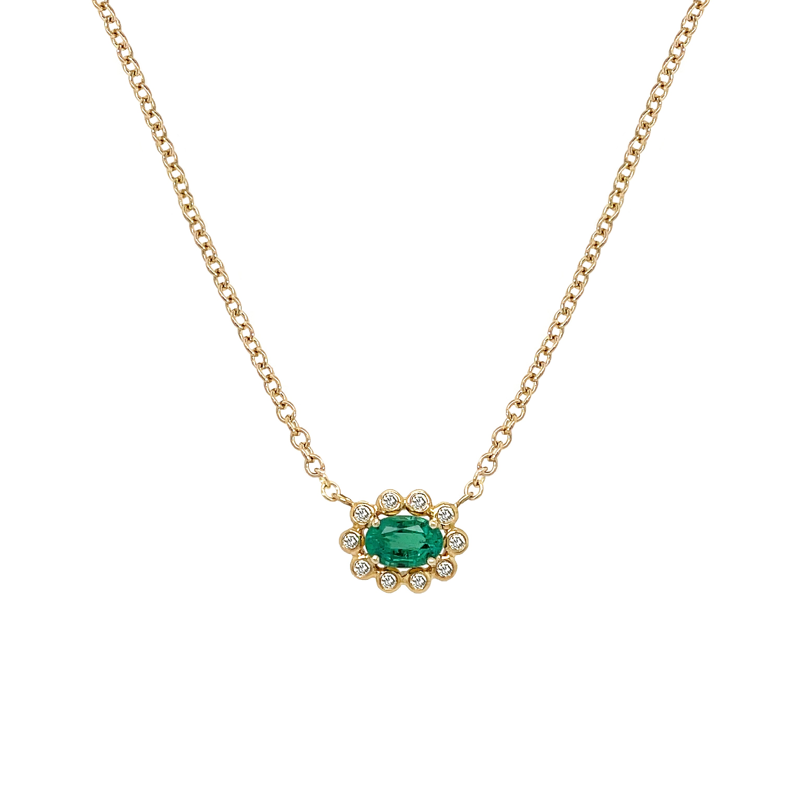 Oval Emerald &amp; Diamond Chain Necklace

14K Yellow Gold
0.45 Emerald Carat Weight
0.10 Diamond Carat Weight
0.32" Long X 0.40" Wide
16-18" Adjustable Length