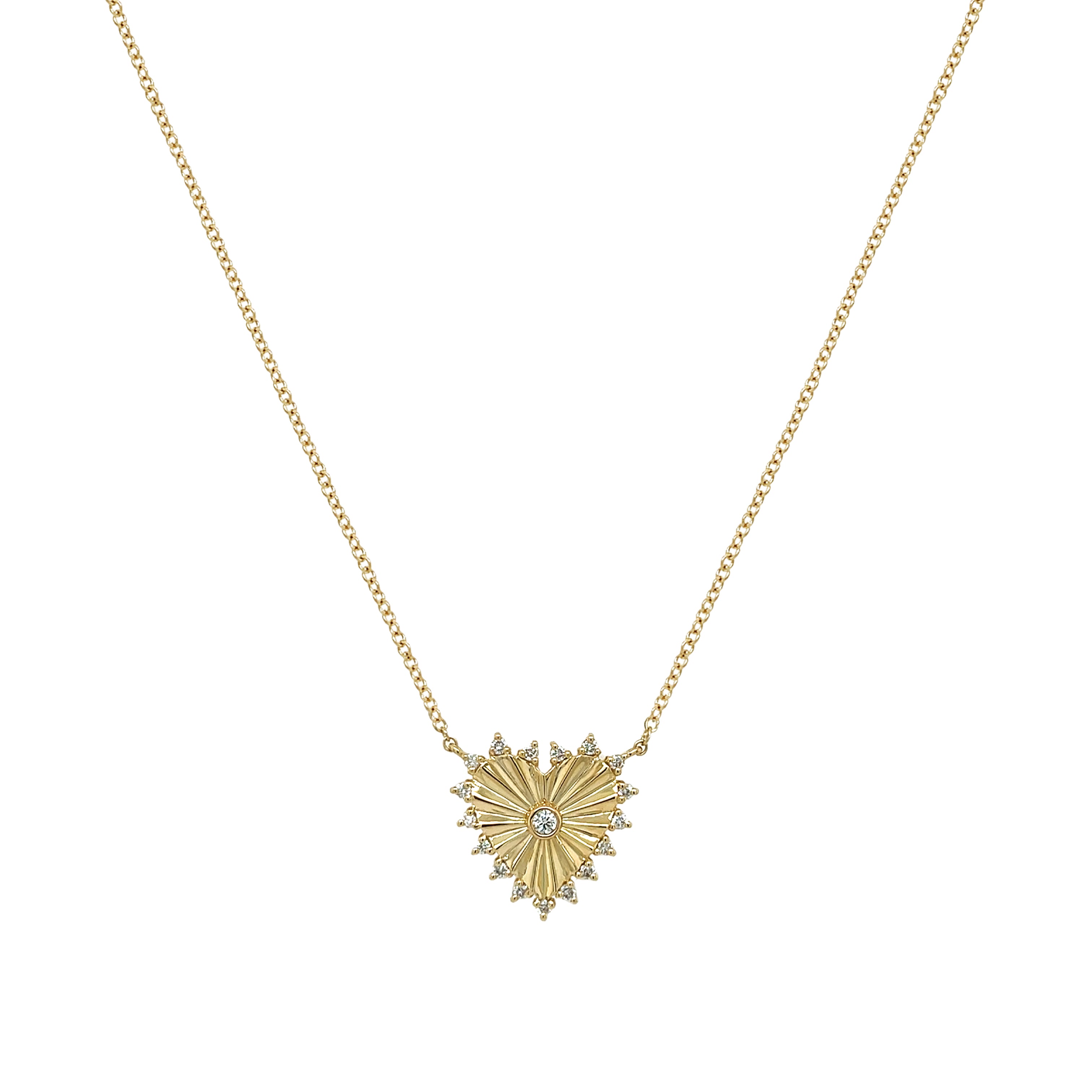 Gold heart-shaped necklace with a central gemstone on a white background