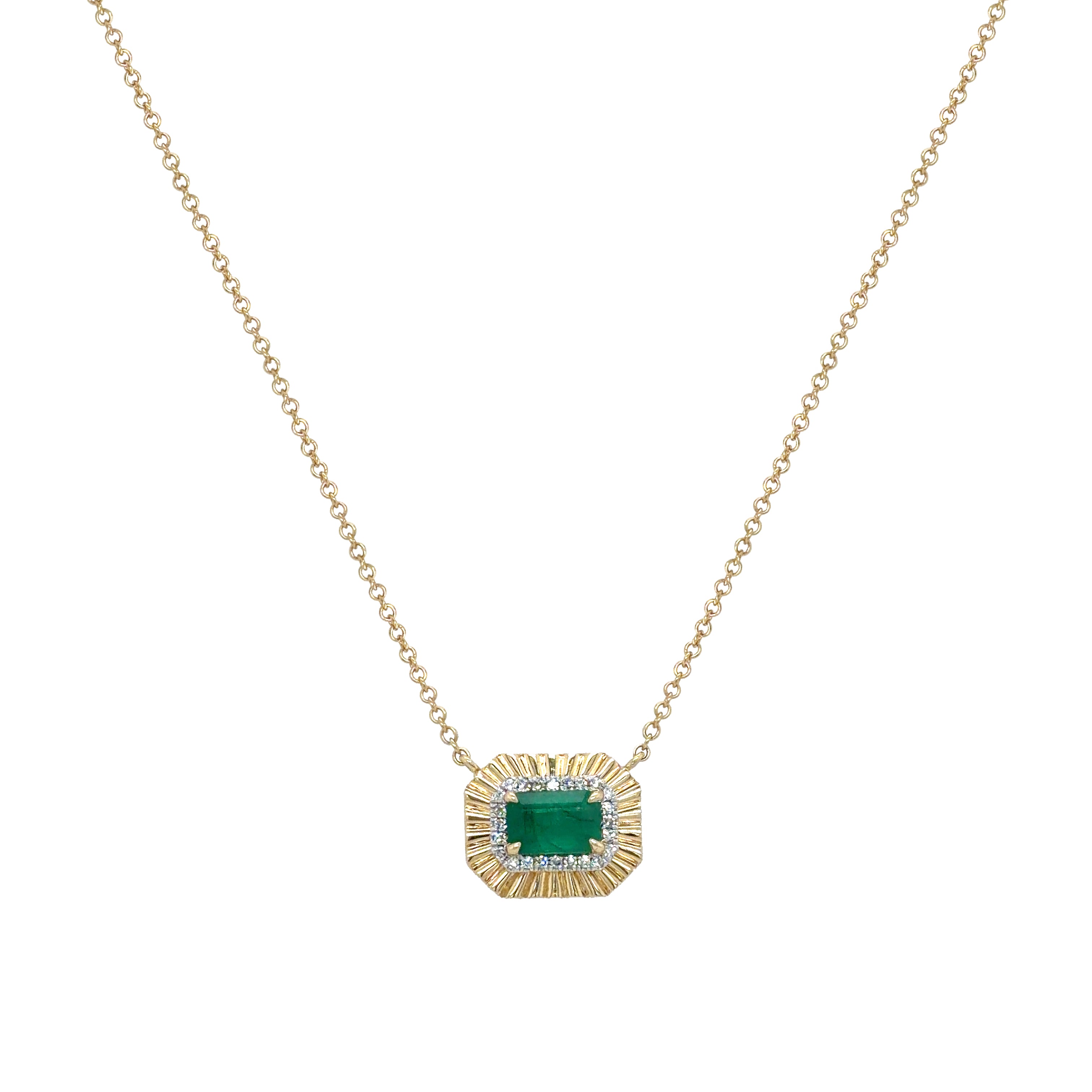Emerald &amp; Diamond Rectangle Pendant Chain Necklace

14K Yellow Gold
0.64" Emerald Carat Weight
0.06: Diamond Carat Weight
0.37" Long X 0.45" Wide
16-18" Adjustable Length