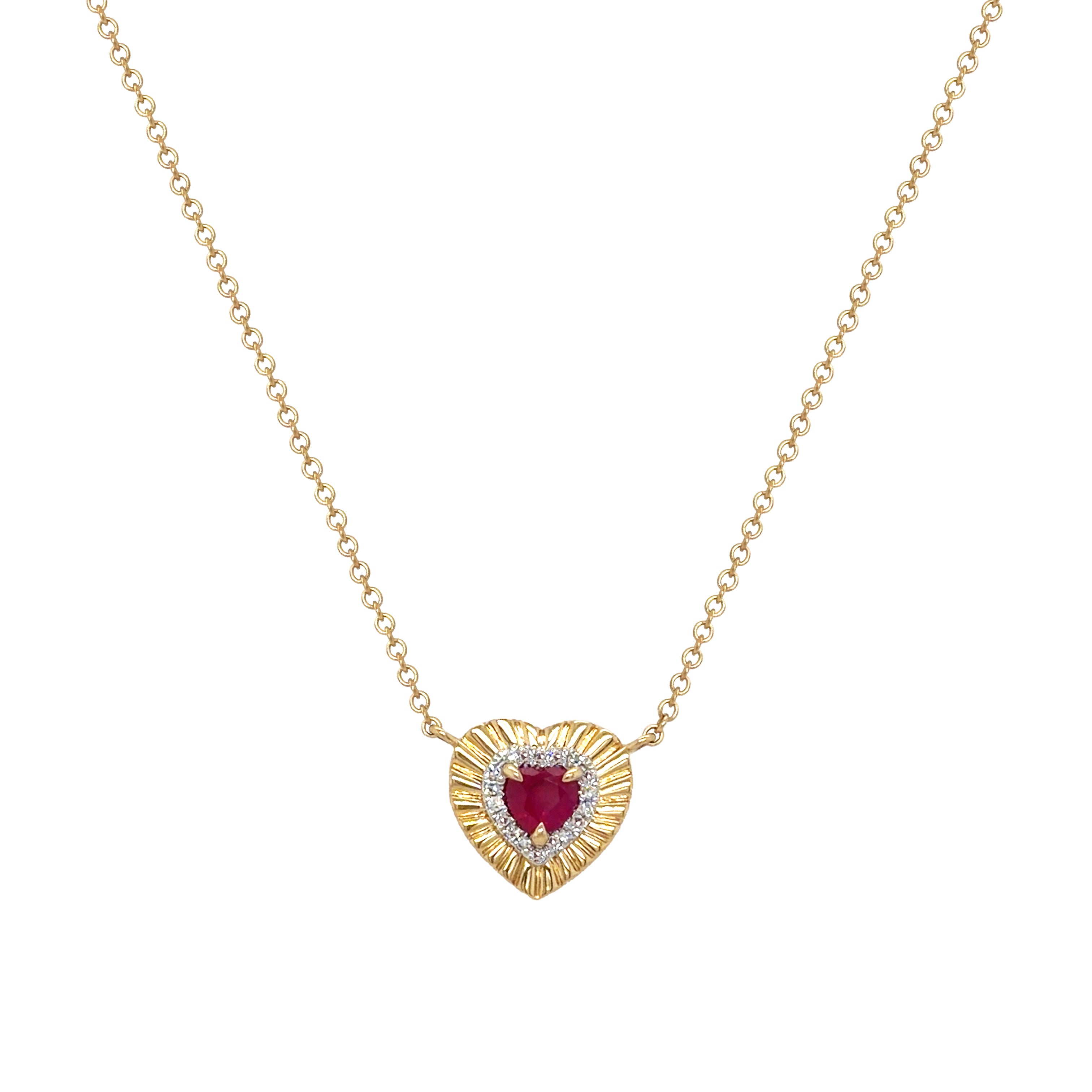 Ruby & Pave Diamond Heart Chain Necklace

A romantic statement with a refined edge, this piece blends timeless elegance with a modern feel. A rich, heart-shaped ruby sits at the center, framed by a delicate halo of pave set diamonds. Perfect for layering or wearing on its own, it adds a soft pop of color and a touch of sparkle to everyday looks, whether styled with an open neckline, a crisp button-down, or an evening dress.

14K Yellow Gold
0.30 Ruby Carat Weight
0.05 Diamond Carat Weight
16-18" Adjustable 