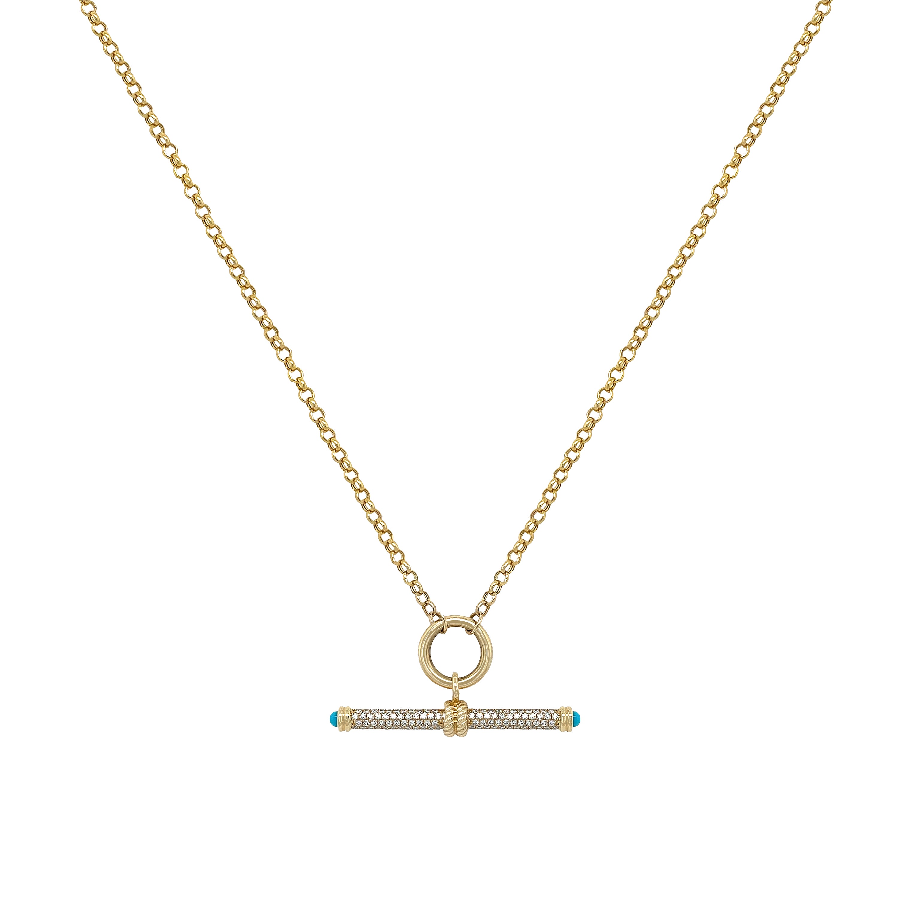 Diamond &amp; Turquoise Toggle Necklace

This Diamond &amp; Turquoise Toggle Necklace makes a bold statement with its textured surface and intricate detailing. Expertly crafted with diamonds that sparkle with every movement and turquoise for that pop of color!

14K Yellow Gold
0.21 Diamond Carat Weight
Toggle: 0.56" Long X 1.18" Wide
16-18" Adjustable Length