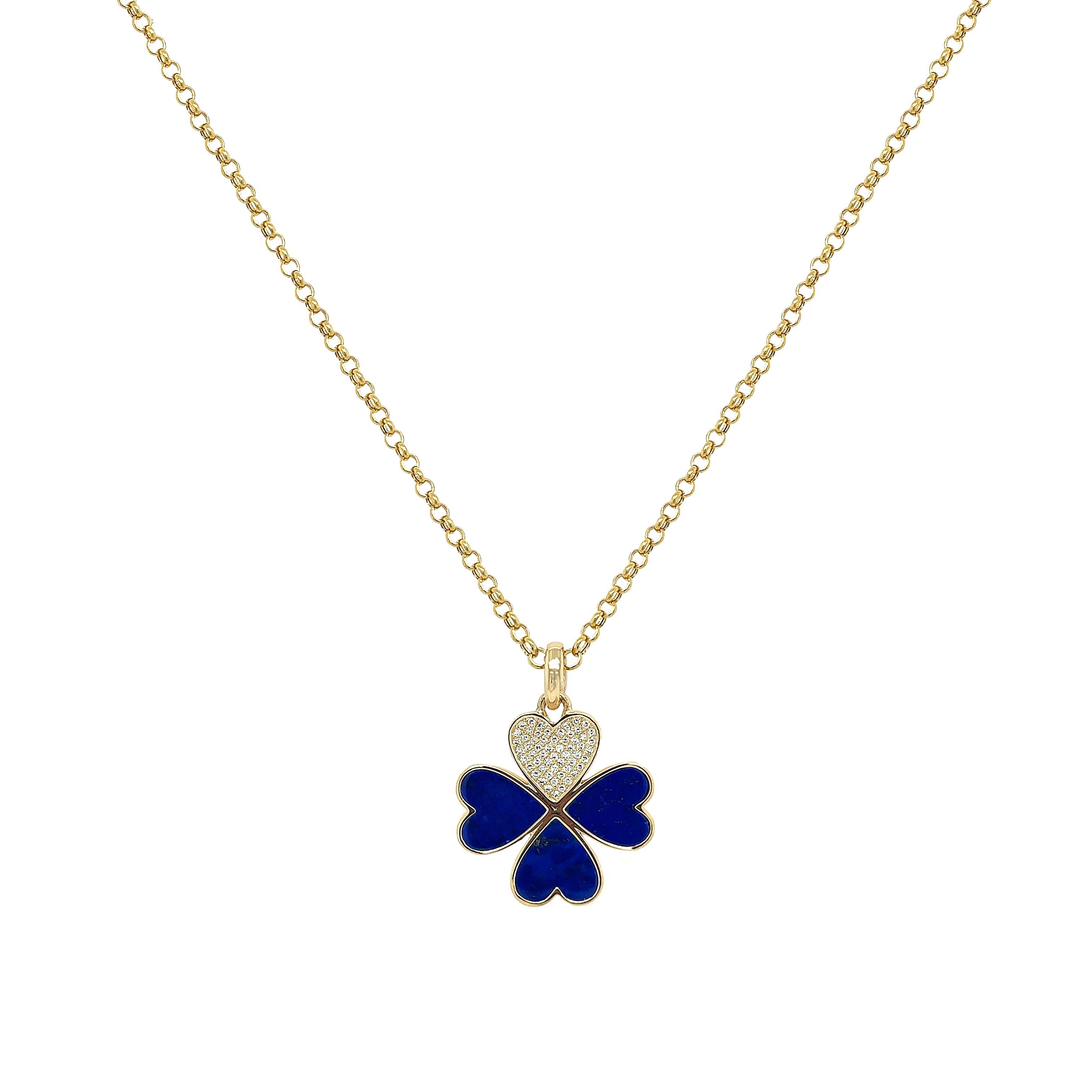 Diamond &amp; Lapis Clover Pendant Necklace

14K Yellow Gold
0.13 Diamond Carat Weight
2.12 Lapis Carat Weight

1.08" Long X 0.79" Wide
16-18" Adjustable Length