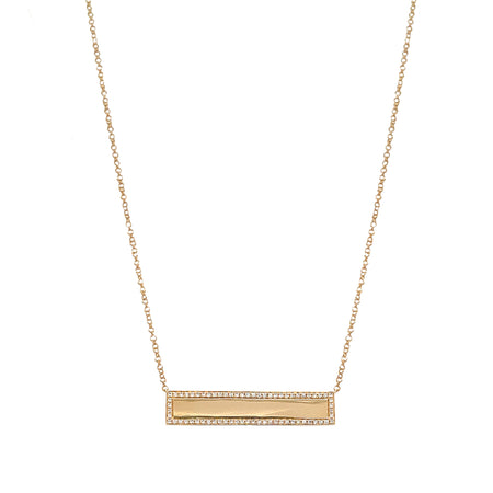 Pave Diamond Border Gold Bar Pendant Necklace  14K Yellow Gold 0.15 Diamond Carat Weight Chain: 16-18" Long Bar: 0.2" High X 1.18" Long Custom Engraving Optional