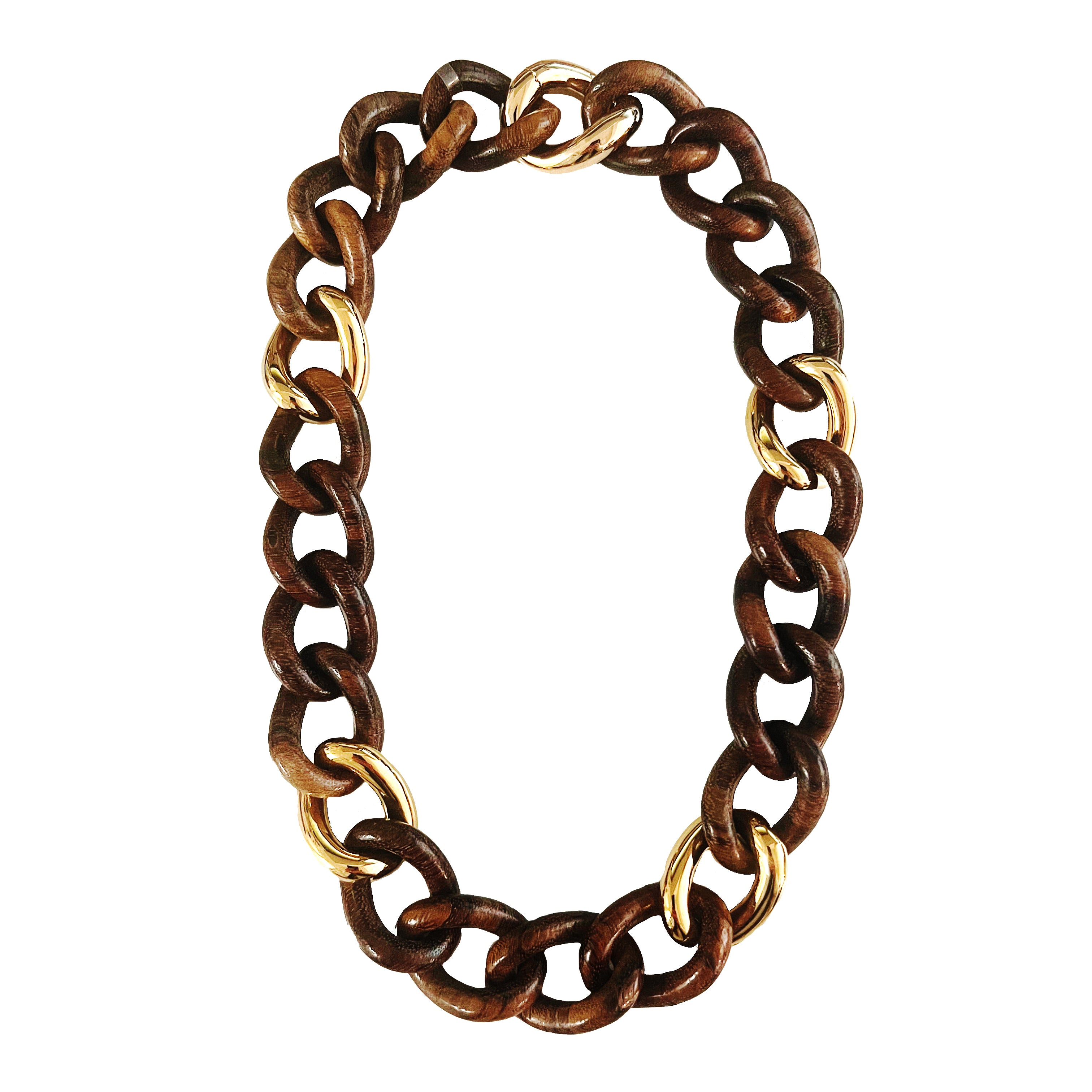 Brown Wood Chain Link Necklace

Yellow Gold Plated Over Silver&nbsp;
Links: 0.85" Long&nbsp;
18" Length