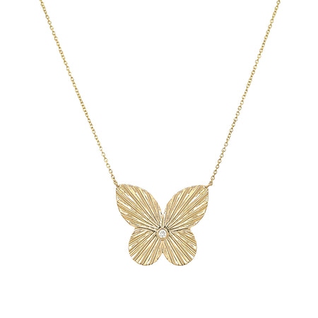 Diamond Ridged Butterfly Necklace  14K Yellow Gold  0.05 Diamond Carat Weight 16"-18" Adjustable Length 